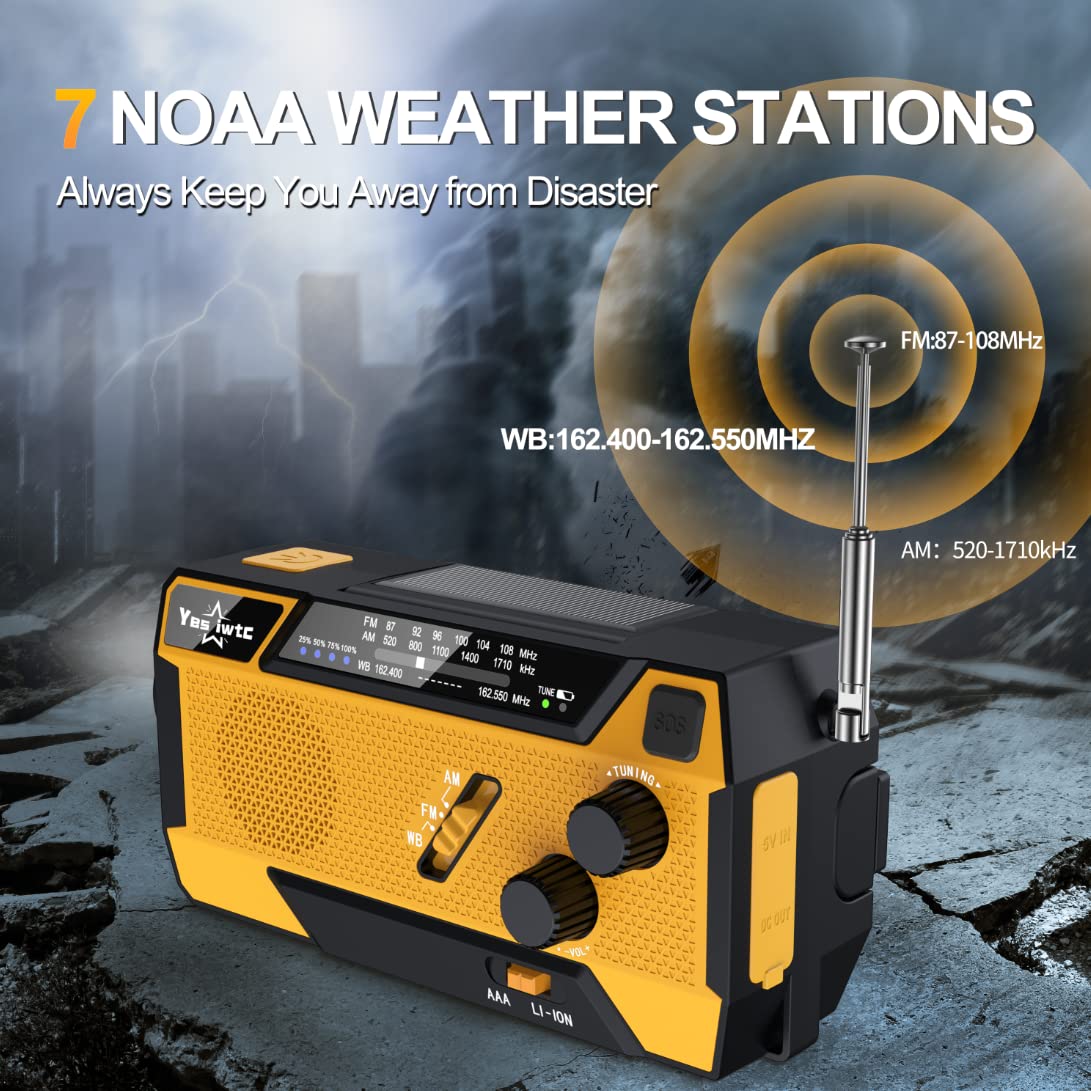 Yesiwtc Emergency Weather Radio 7400Mwh Emergency Crank Radio 3 In 1 Charging Cable Hand Crank Solar Radio With Noaa/Am/Fm Power