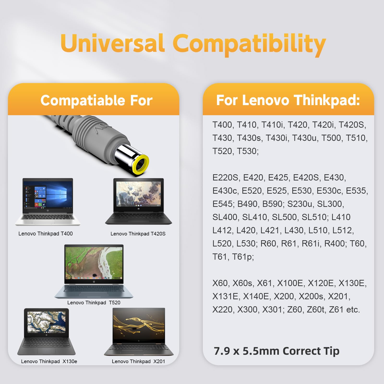 65W Laptop Charger For Lenovo Thinkpad E430 E520 E530 E535 E545; T400 T410 T420 T420S T520 T530 T61 Ac Adapter; Sl500 Sl510 X120E X130E X131E X140E X200 X230 X201 X220 X230T X300 X60 S230U Power Cord