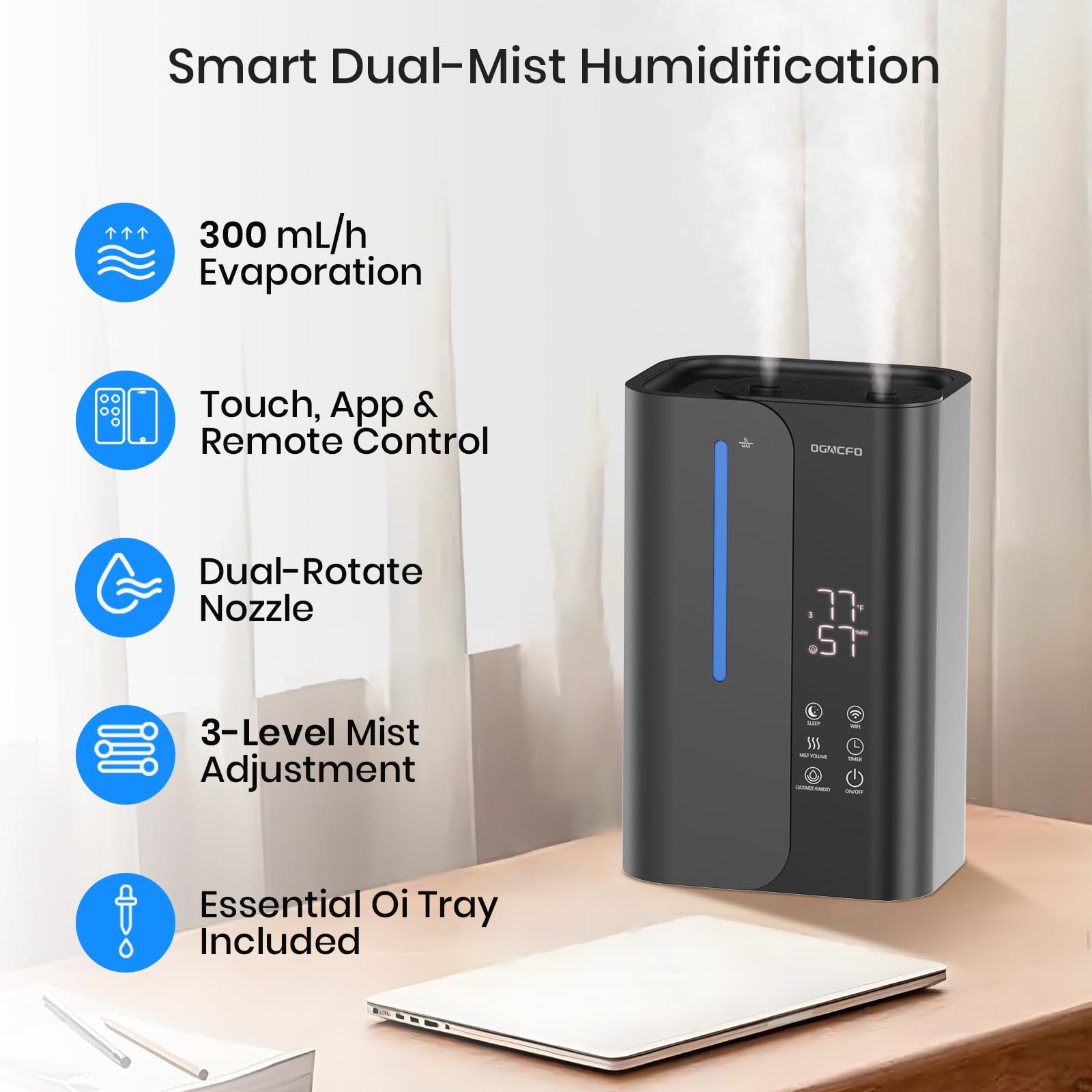 Ogacfo 5L Smart Air Humidifiers For Bedroom With Essential Oils, Top Fill 50H Runtime Cool Mist Large Humidifiers For Home Bedro