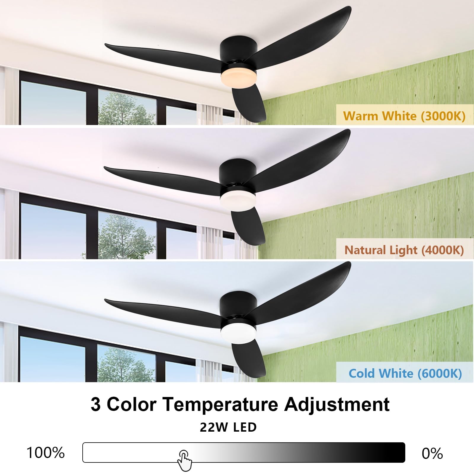 52 Inch Matte Black Low Profile Ceiling Fan With Light,Modern Ceiling Fans With Lights And Remote,Includes Remote Control, Noise