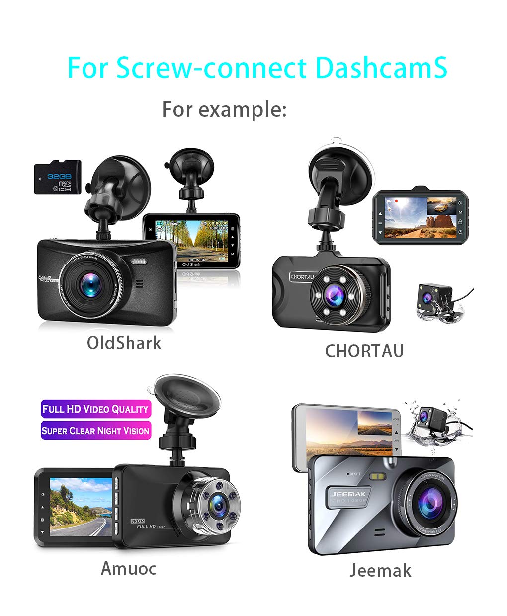 Dash Cam Suction Cup Mount For Oldshark Amuoc Jeemak Chortau Screw Connect Dashcam, Clip On Car Dvr Holder, Strong Suction Power