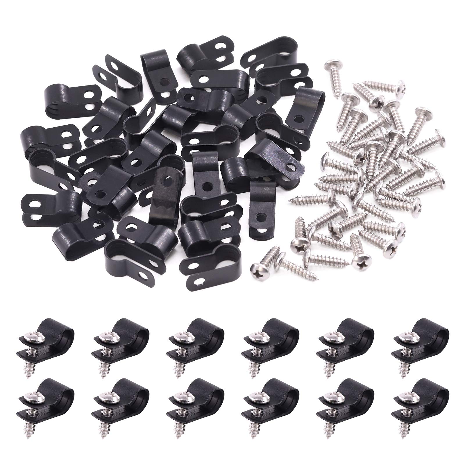 Swpeet 120 Pack Black 5/16 Inch Nylon Plastic R Type Cable Clips Clamp Kit, Nylon Screw Mounting Cord Fastener Clips With 60 Pac
