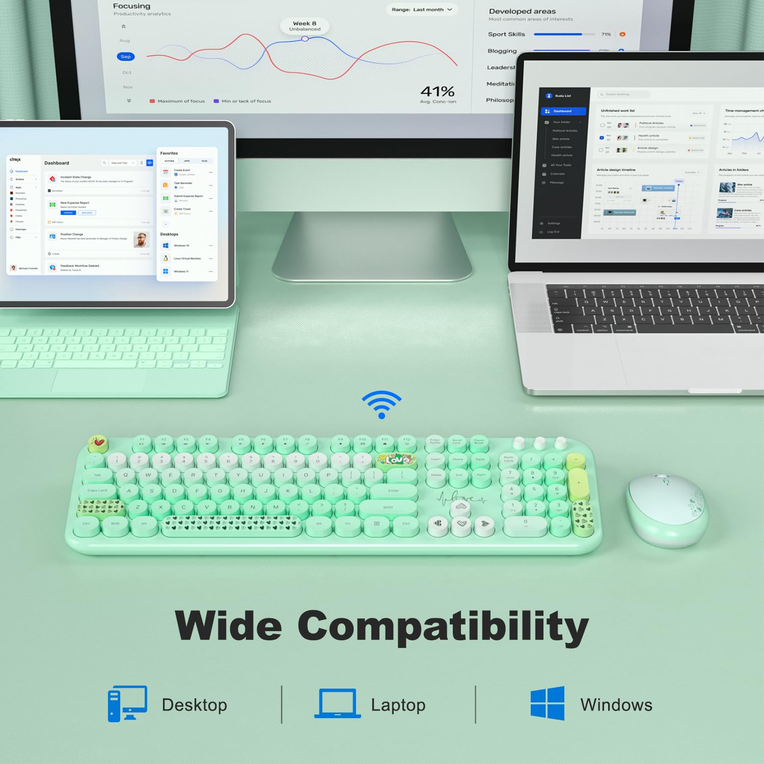 MOFII Wireless Keyboard and Mouse Combo 104 Keys Round Keycap 2.4G USB Pale Green Full Sized
