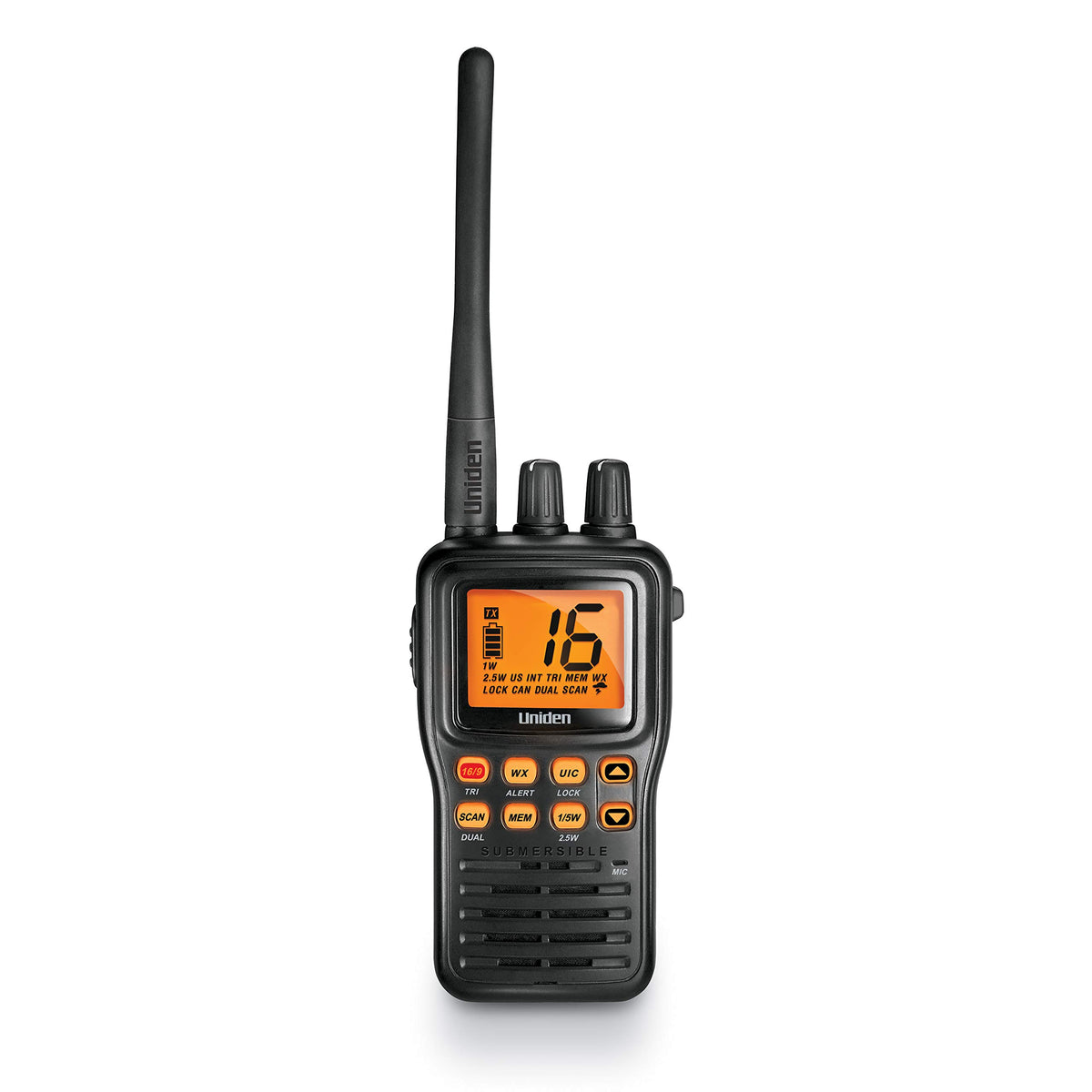 Uniden MHS75 Waterproof Handheld 2-Way VHF Marine radio, Submersible, Selectable 1/2.5/5 Watt Transmit Power. All USA/Internatio