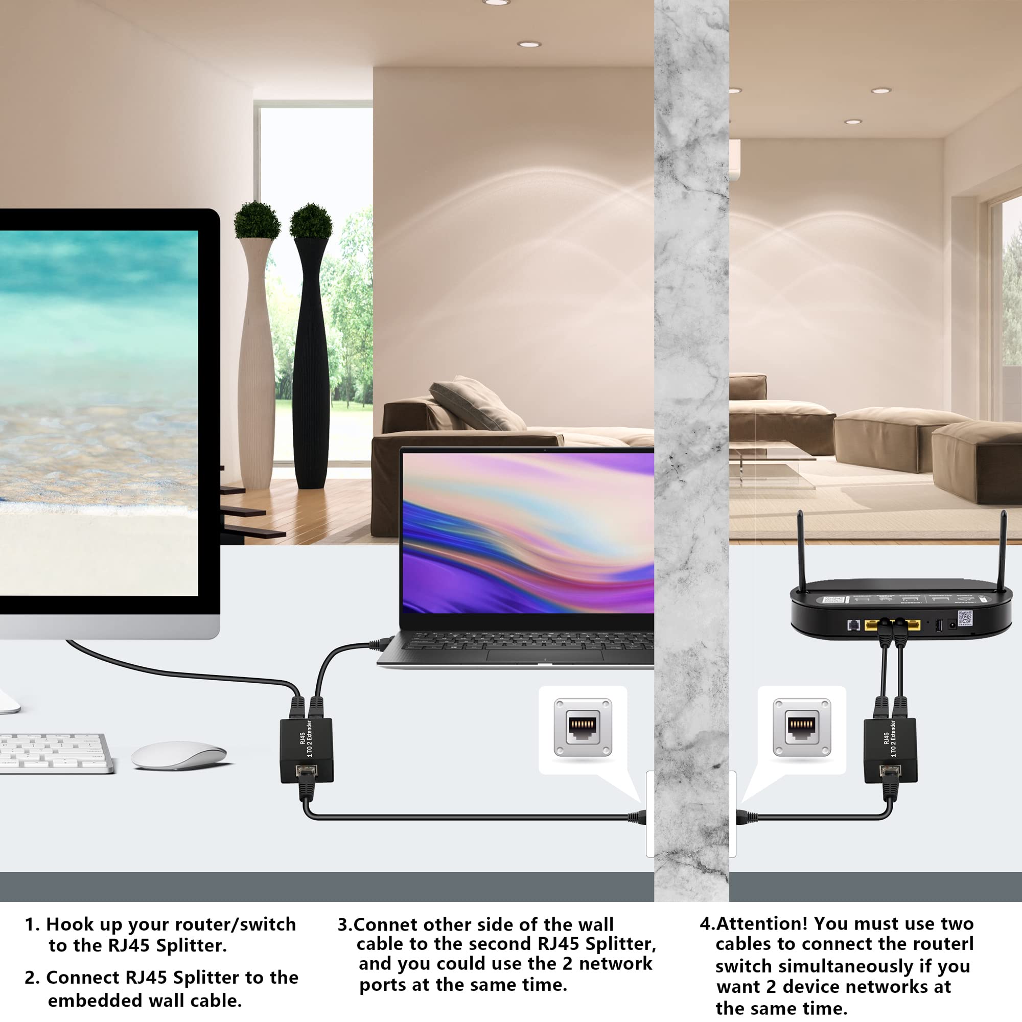 GELRHONR RJ45 Ethernet Splitter Adapter - 1 to 2 Network Adapter for Cat5e/Cat6/Cat8, Black, Simultaneous Internet for 2 Devices