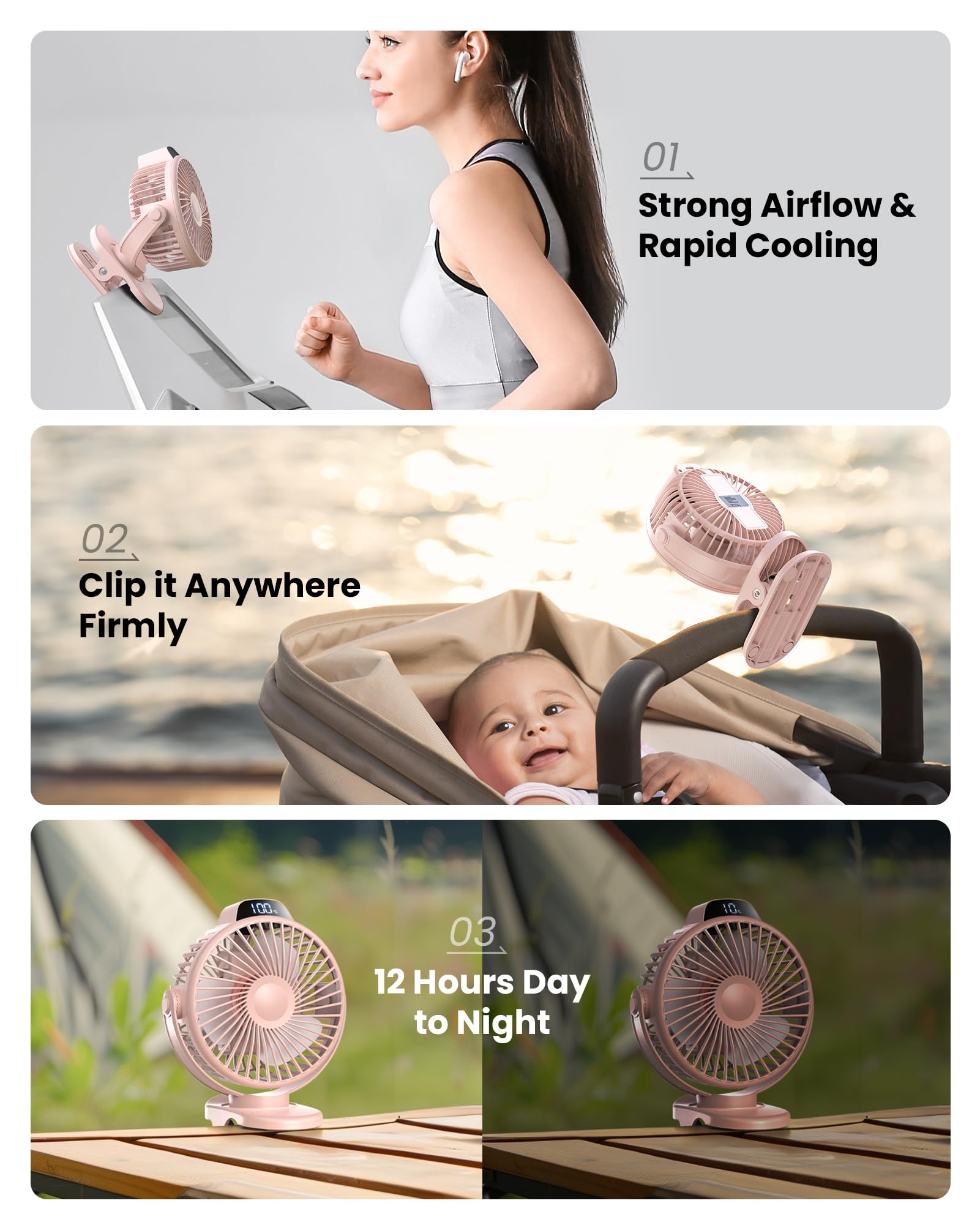 Koonie Portable Clip On Fan, Small Usb Battery Operated, 3 Speed Rechargeable Mini Pink With Led Display, 360 Rotate Personal Co