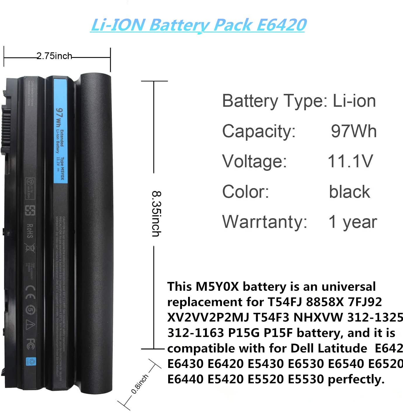 E6430 T54Fj M5Y0X Battery For Dell Latitude E6520 E6530 E5420 E5430 E5520 E5530; Inspiron 14R 5420 15R 5520 7520 17R 5720; 8858X