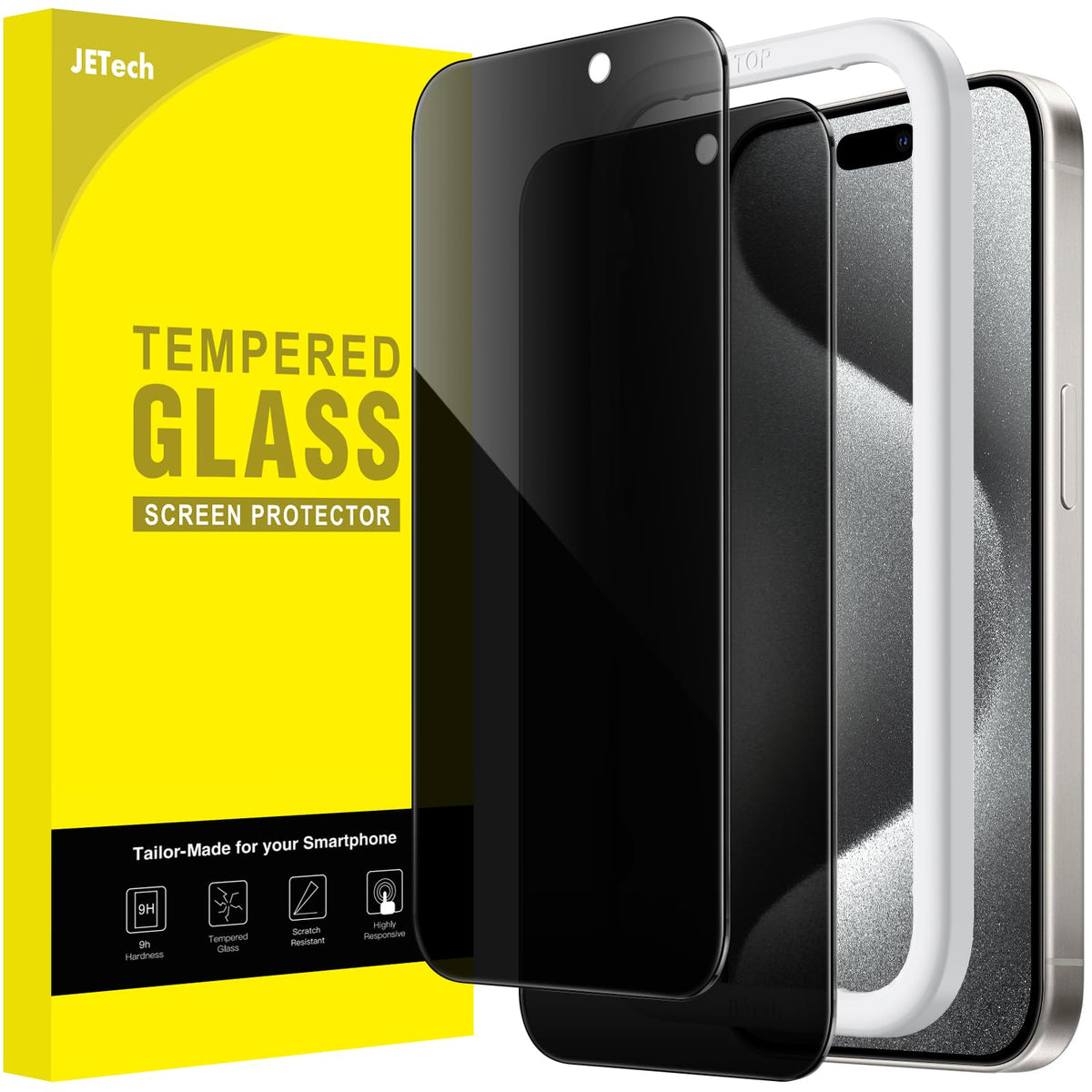 Jetech Privacy Screen Protector For Iphone 15 Pro 6.1 Inch, Anti Spy Tempered Glass Film With Easy Installation Tool, 2 Pack