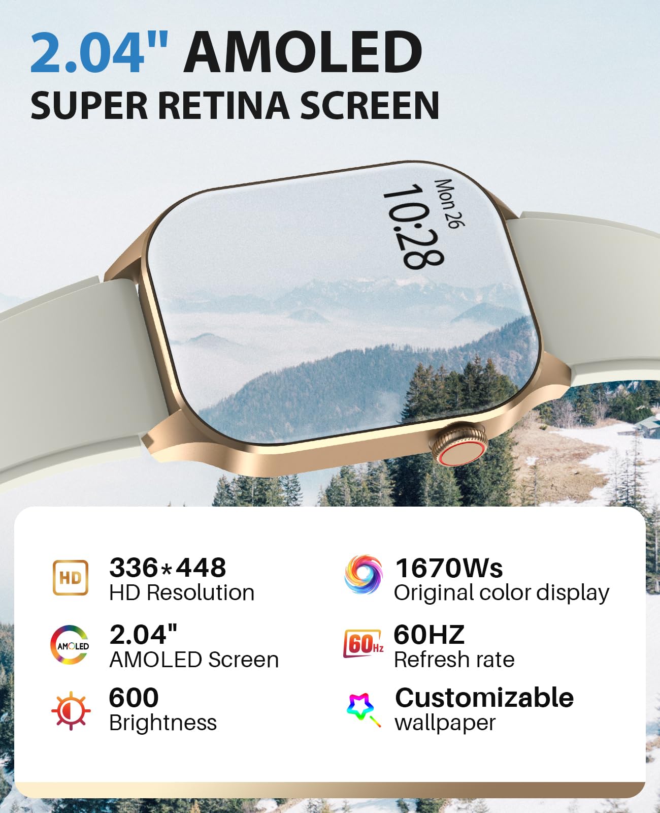 Smart Watch For Women, Bluetooth Call, 2.04 '' Amoled Display, 24/7 Heart Rate, Blood Oxygen Blood Pressure Sleep, 136+ Sports M