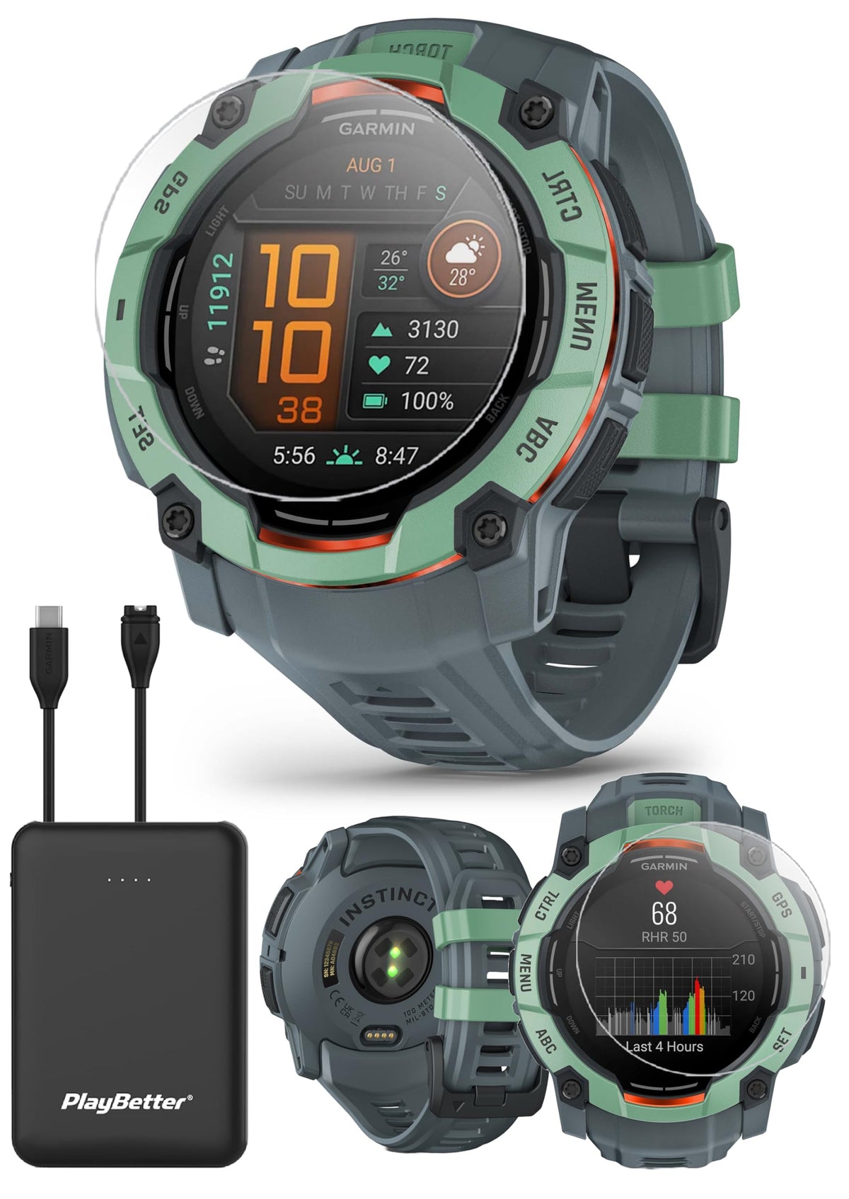 Garmin Instinct 3 Amoled 50Mm (Neo Tropic/Twilight) Rugged Outdoor Gps Smartwatch Bundle   Metal Bezel, Built In Flashlight, Lon