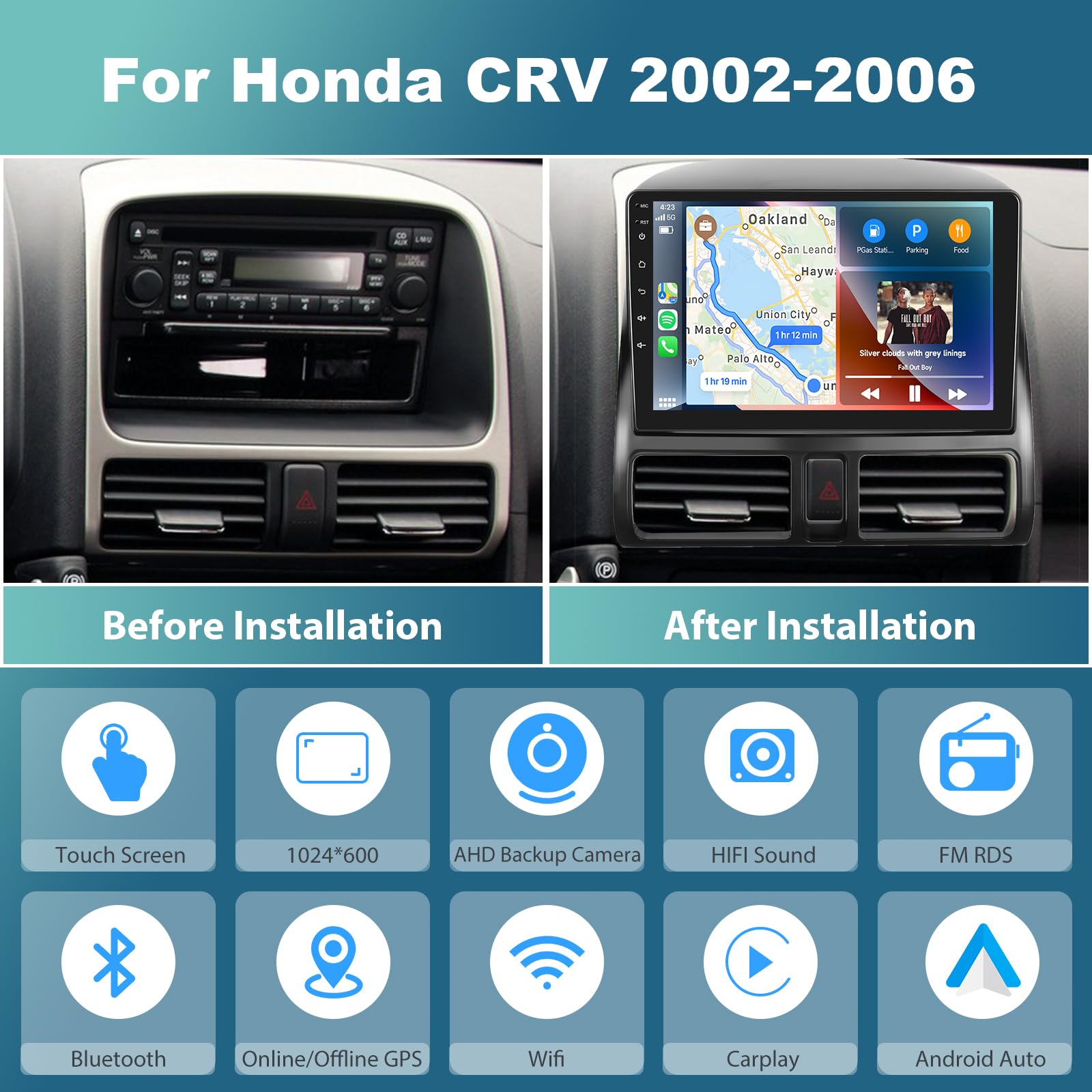 2G+64G Car Radio Stereo With Hifi Audio For Honda Crv 2002 2006, Wireless Carplay/Android Auto 9 Inch Hd Touch Screen Android 13 Gps Wifi Bluetooth Fm/Rds Hd Backup Camera