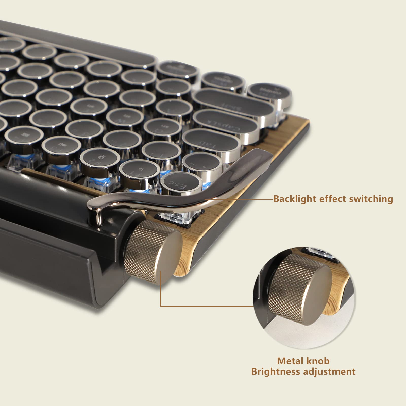 Adventurers Typewriter Style Retro Mechanical Keyboard Led Backlight 83 Keys Bluetooth 5.0 Blue Axis Wood Color Panel Compatible