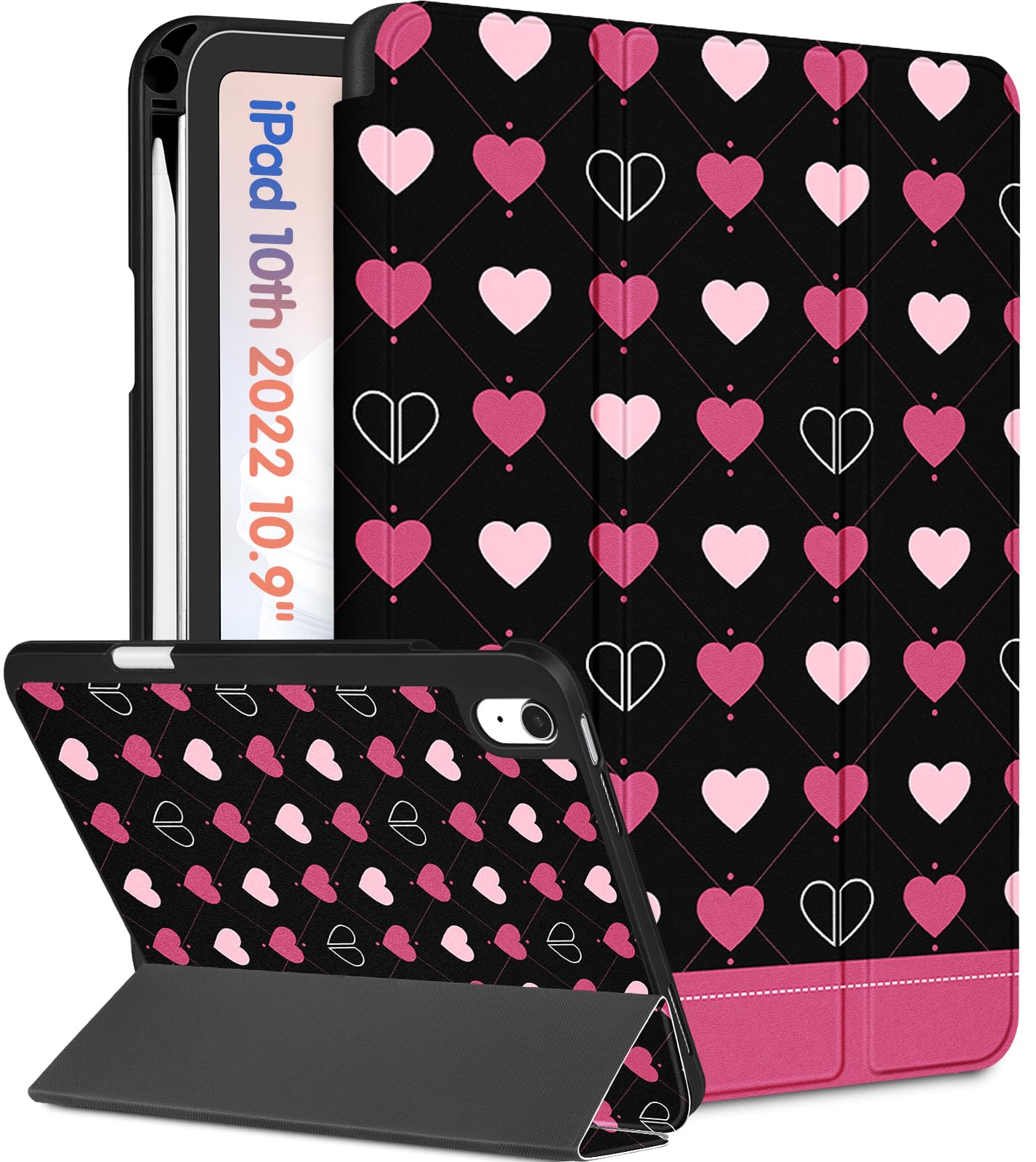 Wazzasoft For Apple Ipad 10Th Generation Case 10.9 Inch Cute Women Girls Folio Cover Girly Kawaii Teens Heart Design Unique Penc