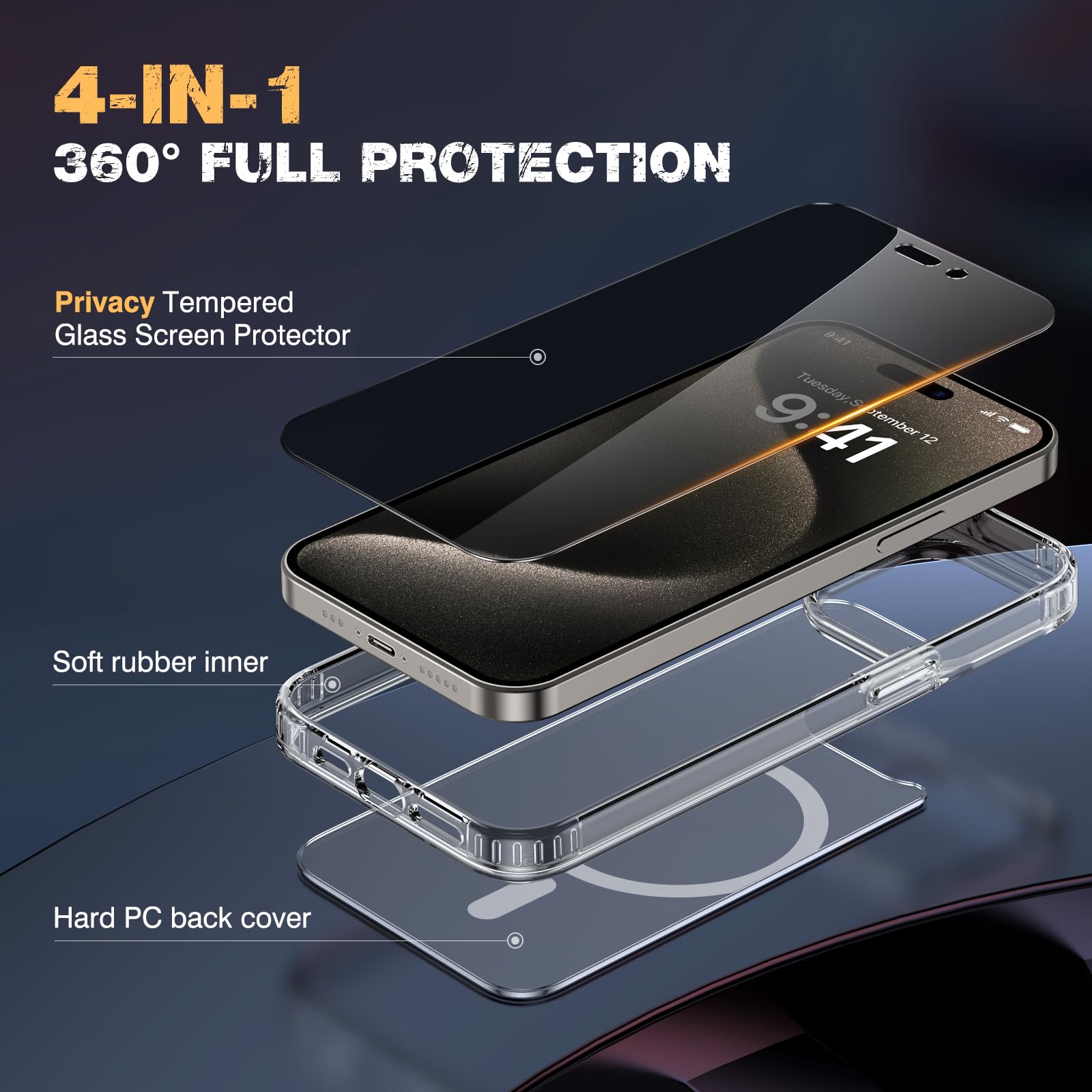 Diaclara Magnetic For Iphone 15 Pro Case, [With Privacy Screen Protector] [Anti Spy] [Military Grade Drop Protection] Heavy Duty