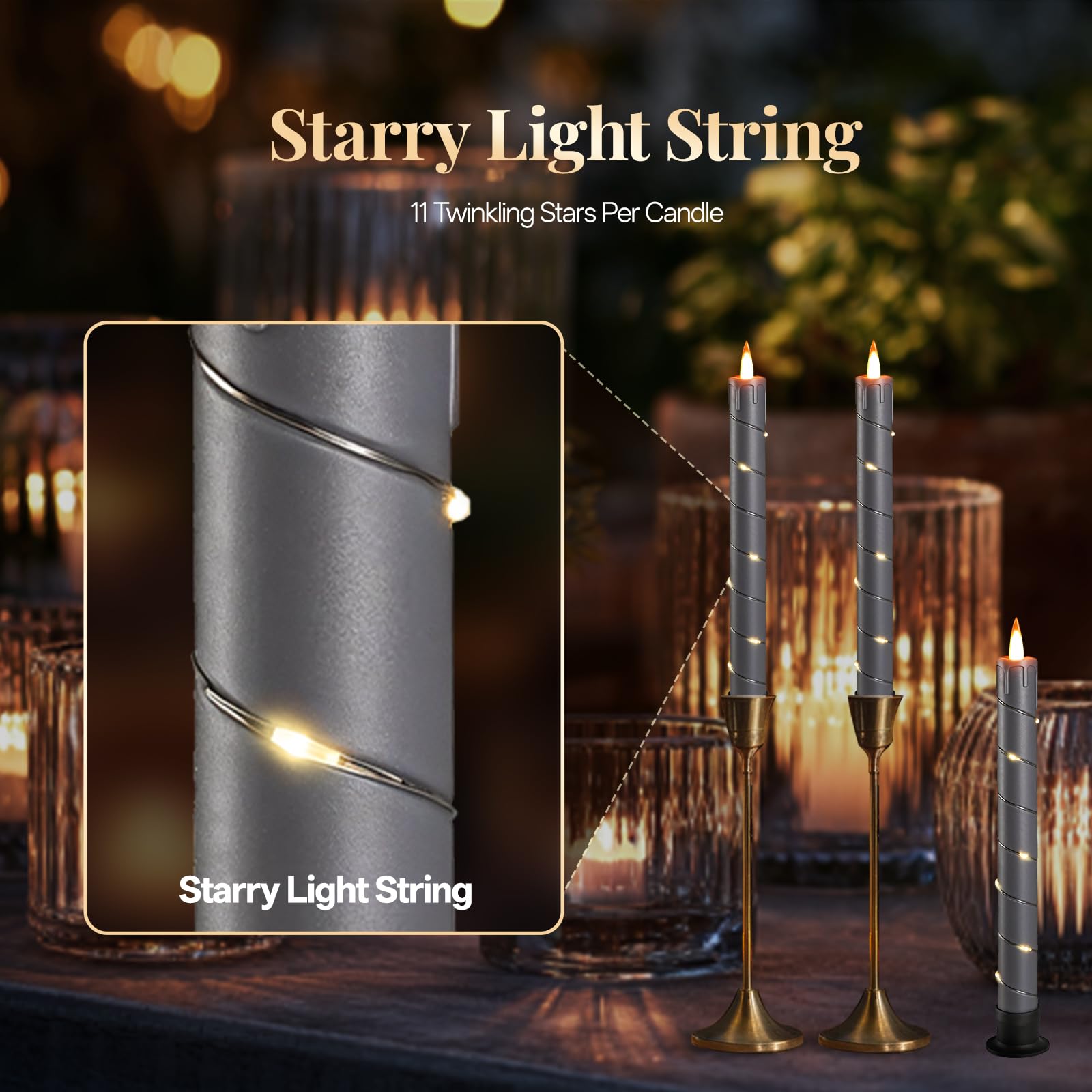 Rlojru 3Pcs Flameless Taper Candles Grey Black Battery Operated, With Embedded Fairy String Lights, Led Flickering Flame Candle,