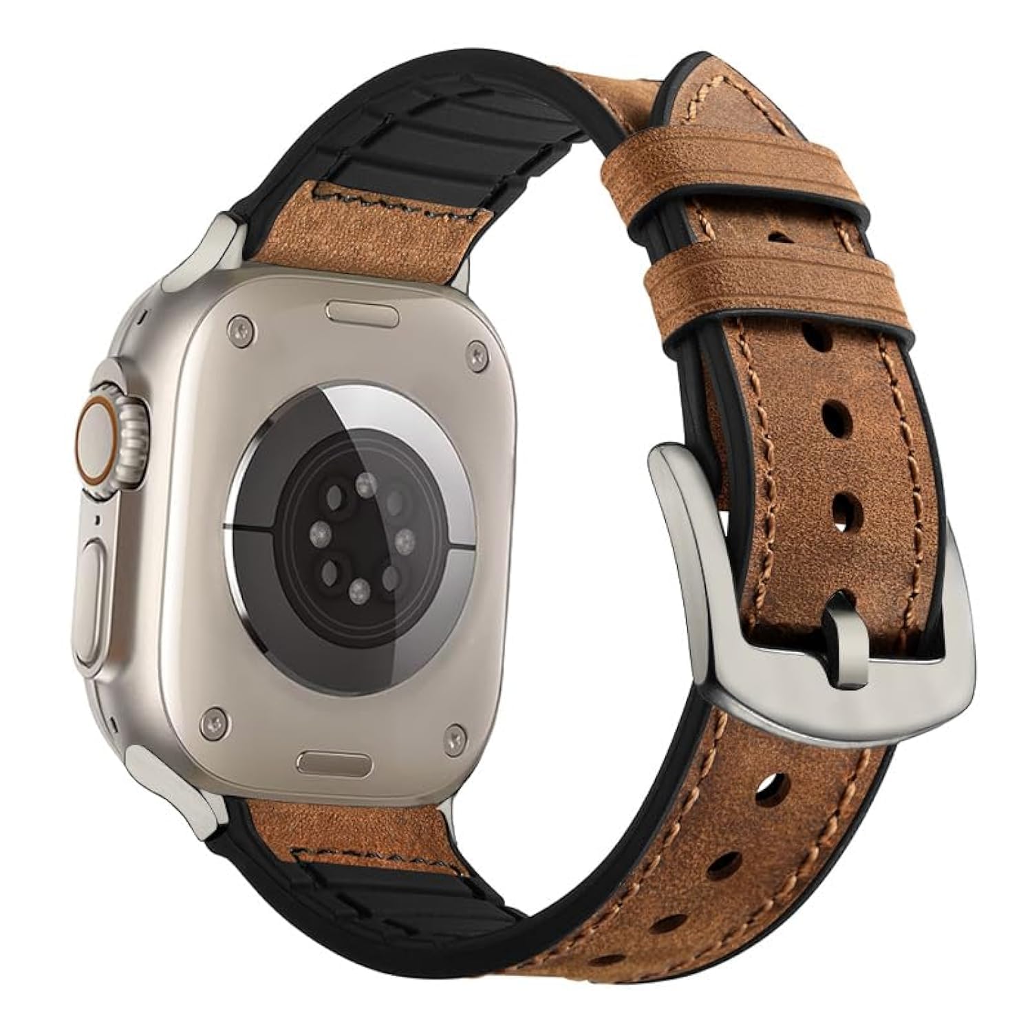 Ouheng Compatible With Apple Watch Band 49Mm/46Mm/45Mm/44Mm/42Mm, Sweatproof Leather And Rubber Hybrid Band For Iwatch Ultra 2/1