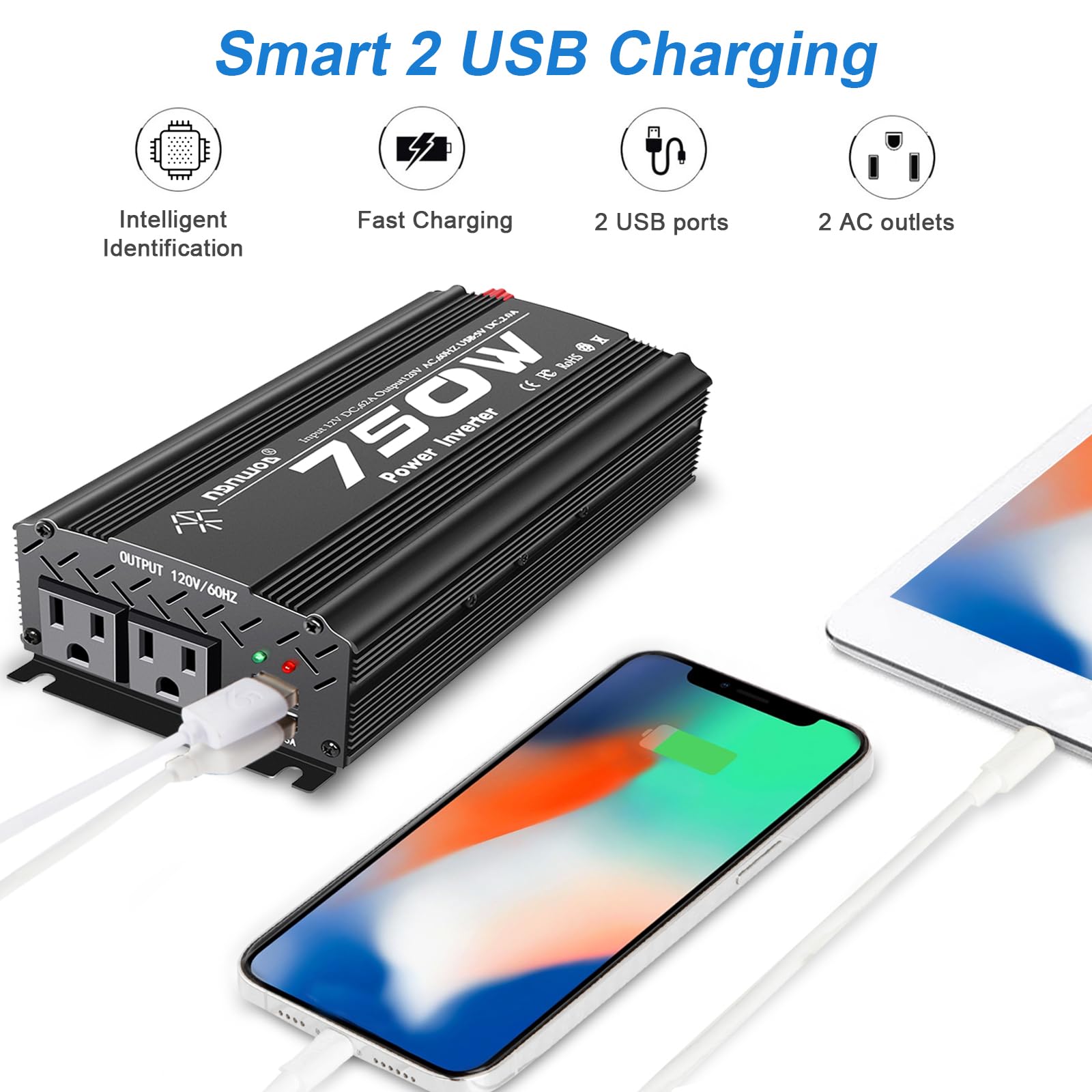 Tebrol 750W Black Car Power Inverter, 12V To 110V/120V, 2 Ac Outlets, 2 Usb Ports, Battery Clamps, Ideal For Vehicles, Trucks, C