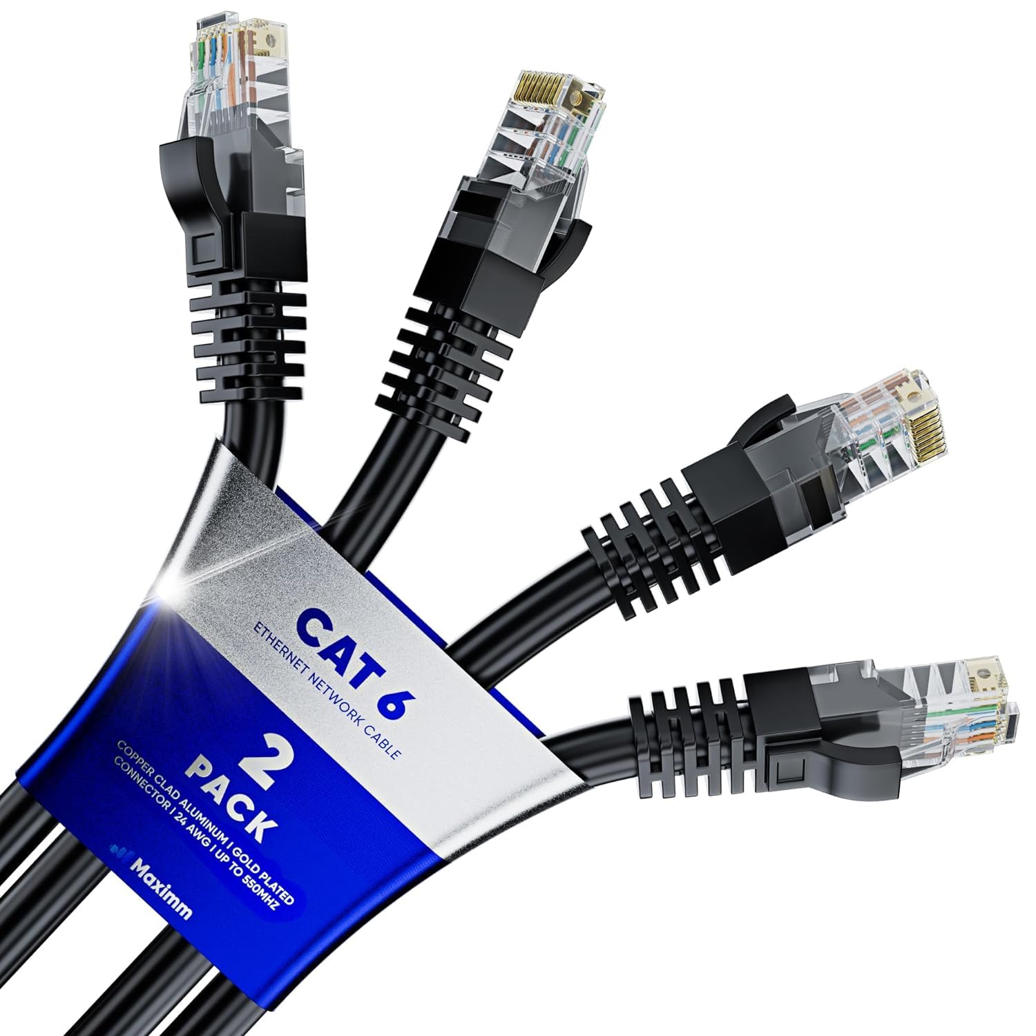 Maximm Cat 6 Ethernet Cable 7 Ft (2 Pack)   High Speed Lan Cable, Internet Cable, Patch Cable, And Network Cable   Utp, 10Gbps, 550Mhz Ethernet Cord   Black