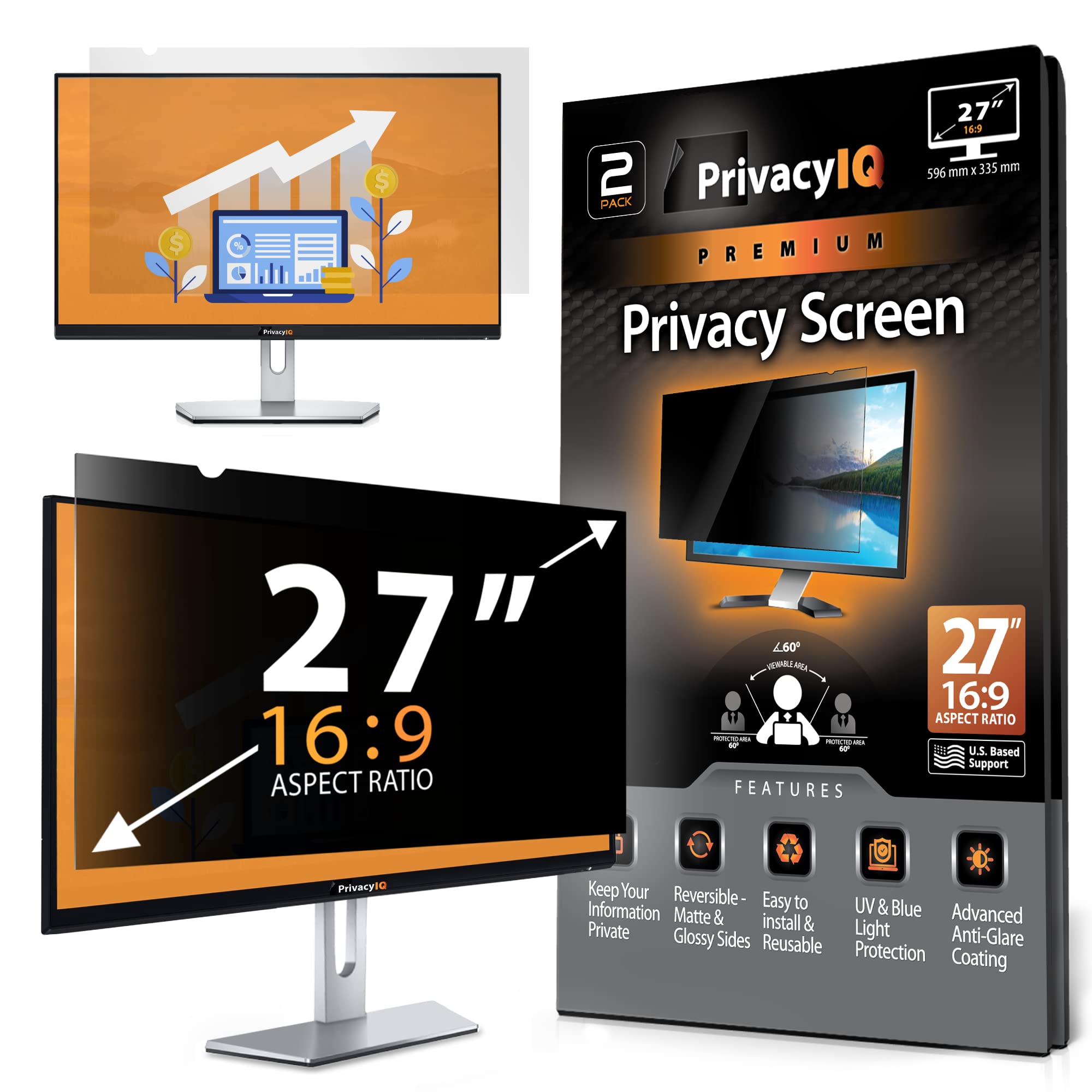 Privacy Iq 27'' Inch 16:9 (2 Pack) Monitor Privacy Screen Filter For 60 Degree Privacy, Advanced Anti Glare, Uv Light Reduction