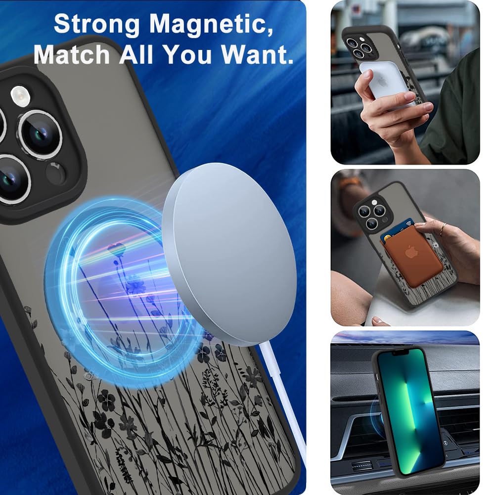 Ook Magnetic For Iphone 13 Pro Max Case [Compatible With Magsafe] Black Wild Flower Slim Translucent Matte Case Camera Lens Prot