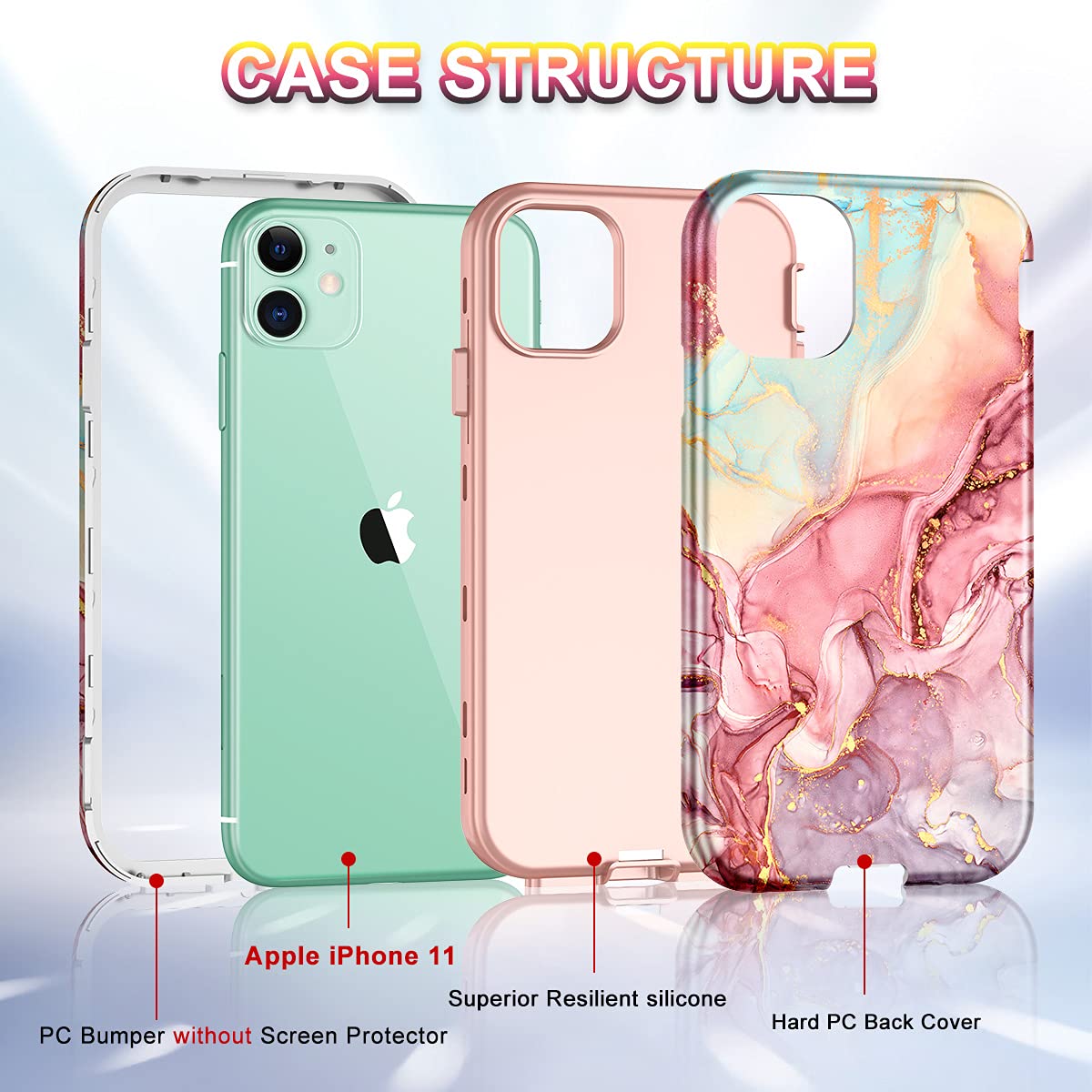Casefiv Compatible With Iphone 11 Case,Marble Pattern 3 In 1 Heavy Duty Shockproof Full Body Rugged Hard Pc+Soft Silicone Drop P