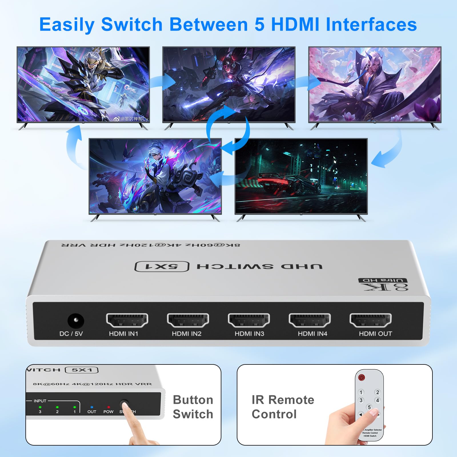 8K Hdmi Switch 5 In 1 Out 8K@60Hz 4K@120Hz, Hdmi 2.1 Splitter With Ir Remote Hdmi Switcher Selector Box Support 8K 4K 120Hz, Hdm