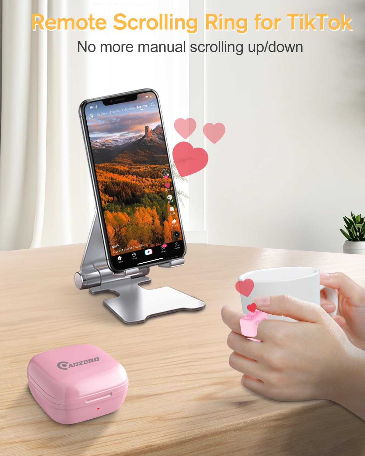 Adzerd Remote Control For Tiktok, Page Turner For Iphone/Ipad, Bluetooth Camera Video Recording Remote, Scrolling Ring For Tik Tok, Compatible With Ios/Android Phones & Tablets   Pink