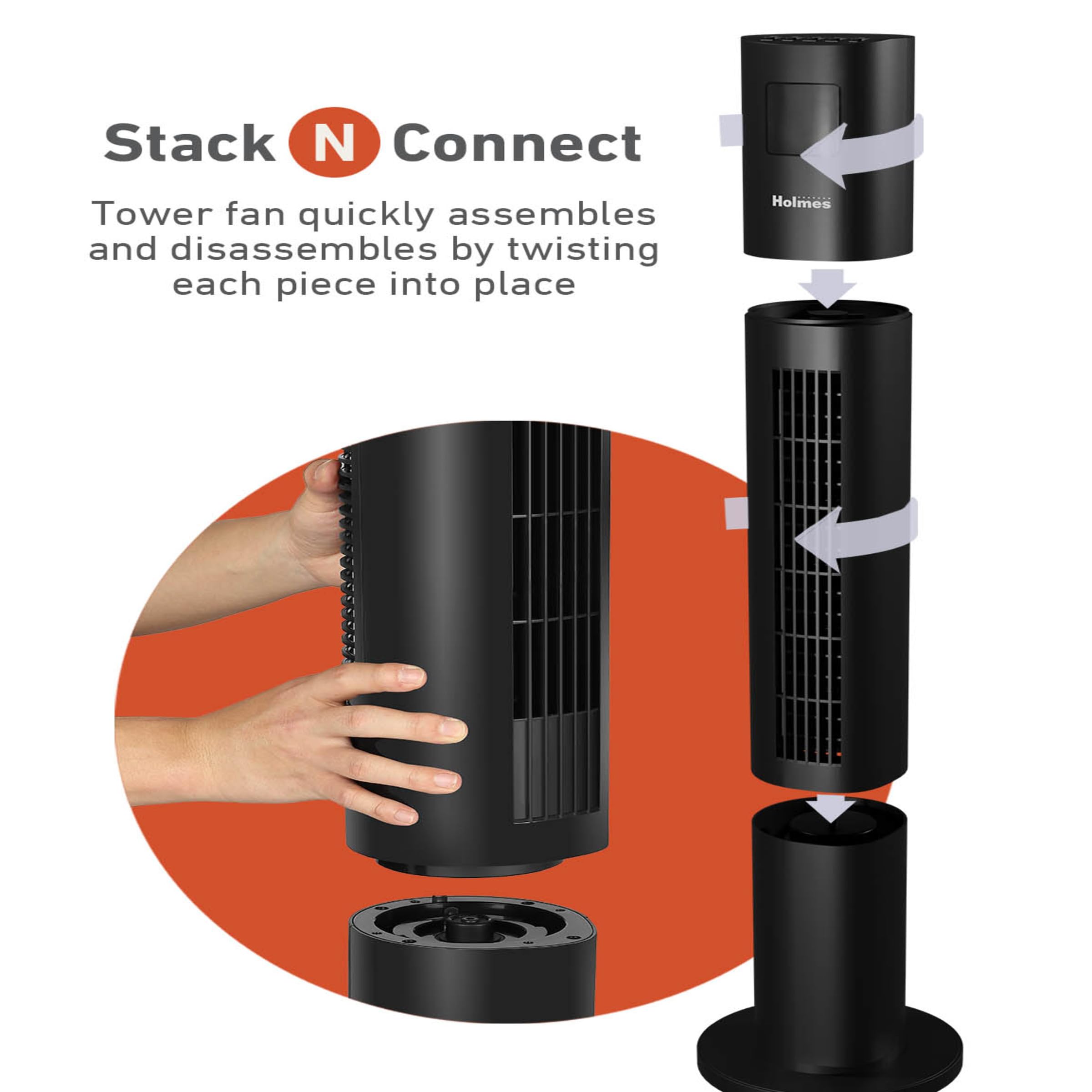 Holmes Stack N Connect 45'' Digital Tower Fan, Clearread Display, Bonus Storage Bag, 90 Oscillation, 4 Speeds, 4 Modes, 8 Hour T