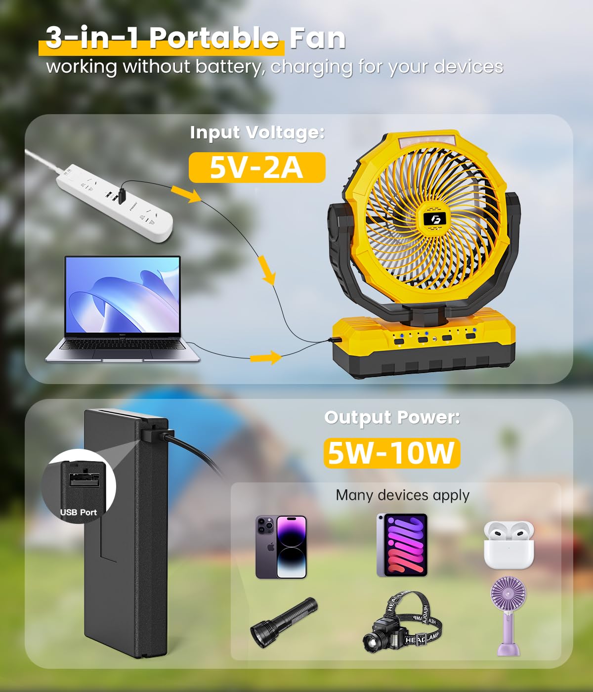 9 Inch 24000Mah Detachable Battery Camping Fan   3 In 1 Portable Camping Fan With Led & Remote   4 Speeds Battery Operated Outdo