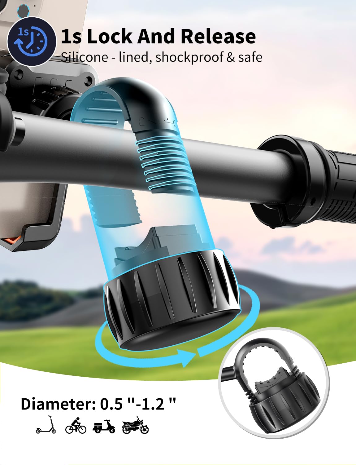 Motorcycle Phone Mount, [No Block Camera] Bike Phone Holder Mount, [Silicone Wrapped] Handlebar Cell Phone Mount For Bike/Scoote