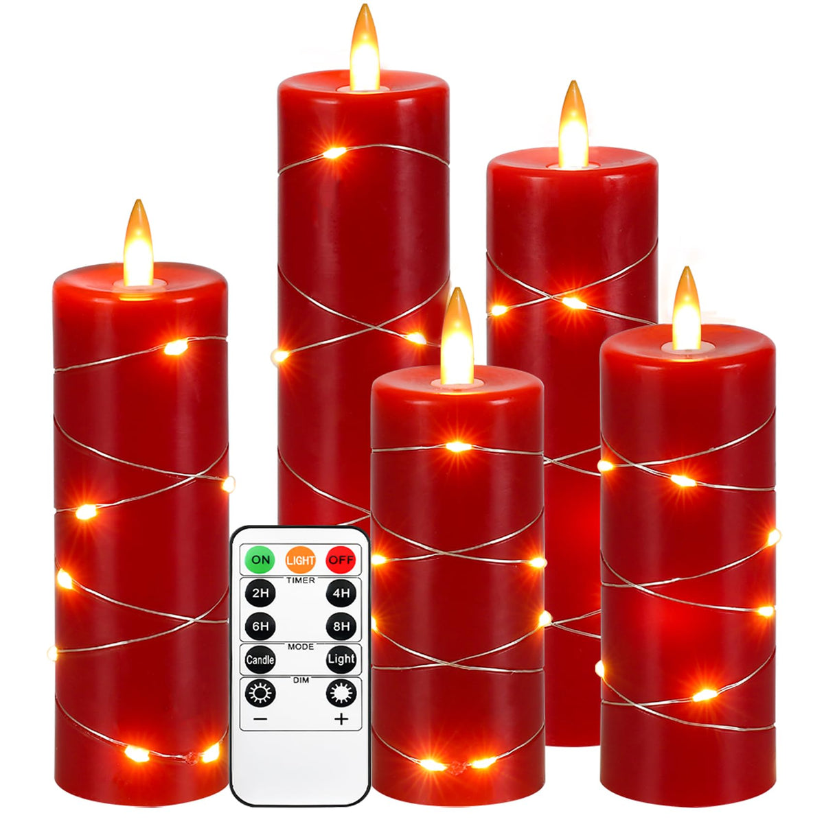 Kiexung Red Flameless Candle Fairy String Lights, Premium Led Flickering Flame Simulation, Led Candle With Remote & Timed, 5 Cel