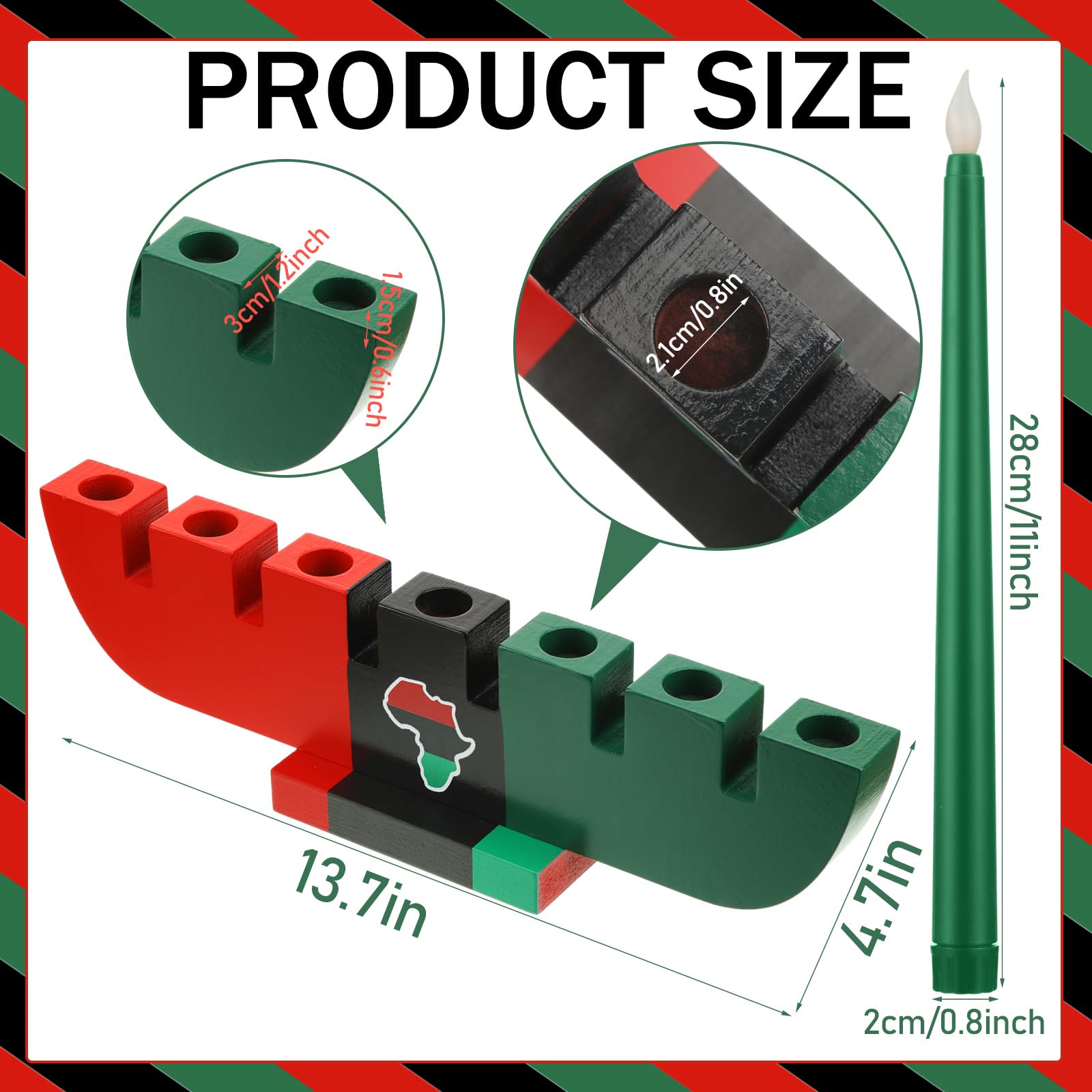 8 Pieces Kwanzaa Kinara Set 7 Kwanzaa Led Candles And 1 Candle Holder Flameless Battery Powered Electric Taper Candle With Wood