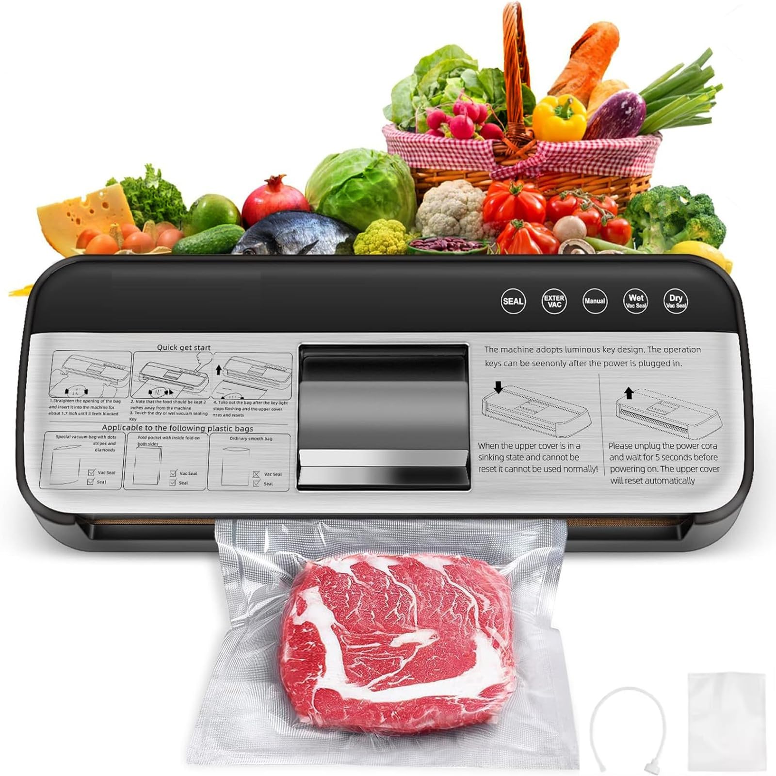 Powerful Vacuum Sealer Machine, One Touch Automatic Food Sealer With 15 Bags, Dry/Moist/Seal/Manual/External Vac, 7Mm Heating Wi