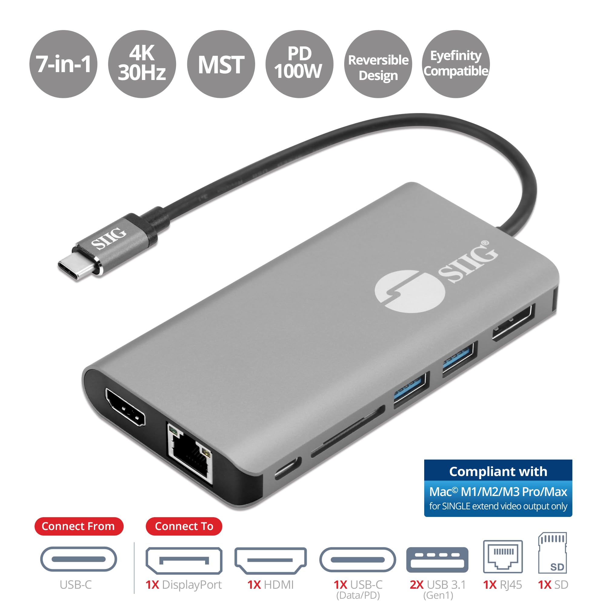 Siig Usb C Mst Dual Display Docking Station Video Adapter For Windows, Not For Macos [Single 4K, Dual 1080P], 100W Pd, 2 Usb 3.0