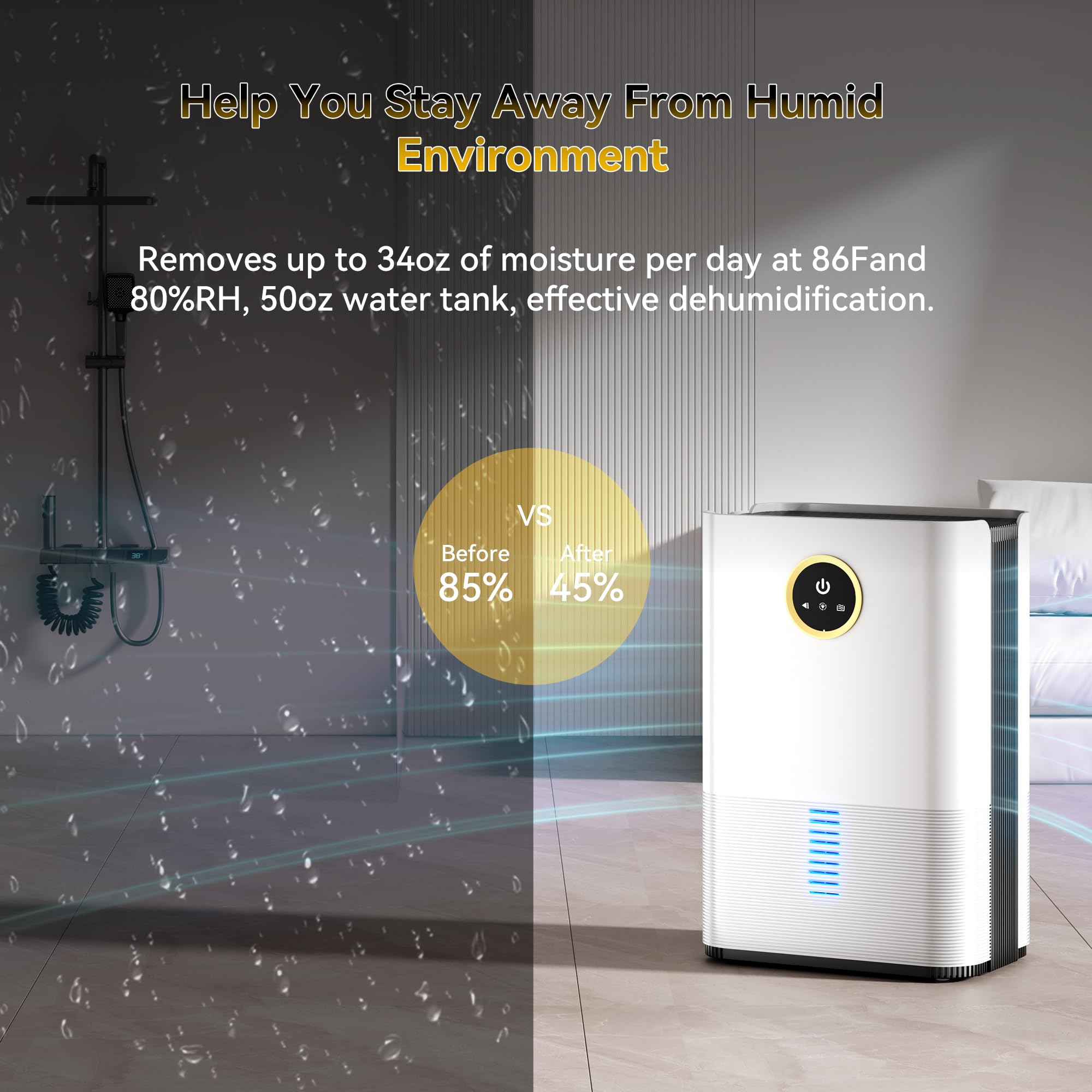 Pthraouta Dehumidifier For Room For Home, 50 Oz Water Tank(850 Sq.Ft) Dehumidifiers Safe Drainage Auto Off Odor Removal 2 Duak C