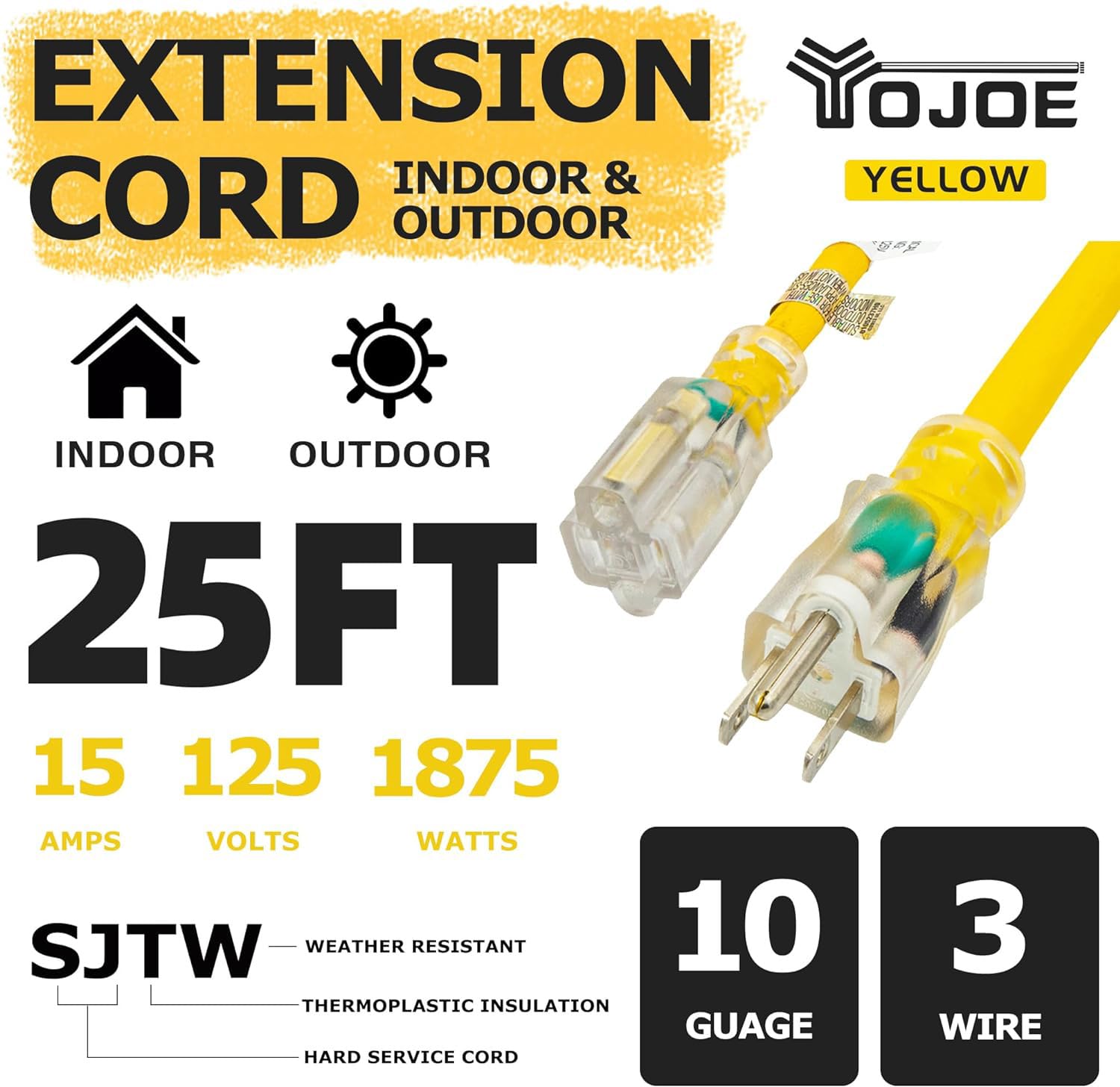 Yojoe Indoor Outdoor Extension Cord With Lighted End, 3 Prong 15A Weatherproof Power Extension Cord, 10 Gauge Heavy Duty 25 Ft Y