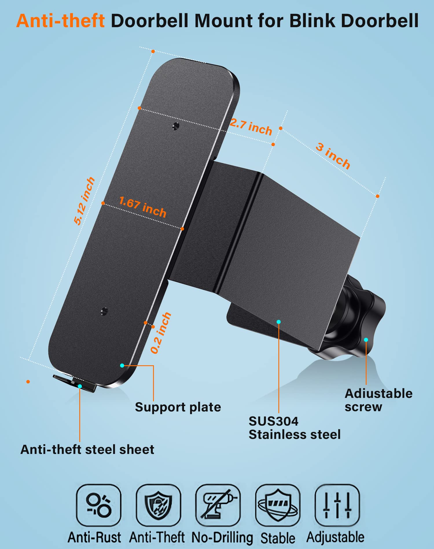 Anti Theft Blink Video Doorbell Door Mount, No Drilling High Quality Stainless & Aluminum Video Camera Doorbell Mount For Apartm