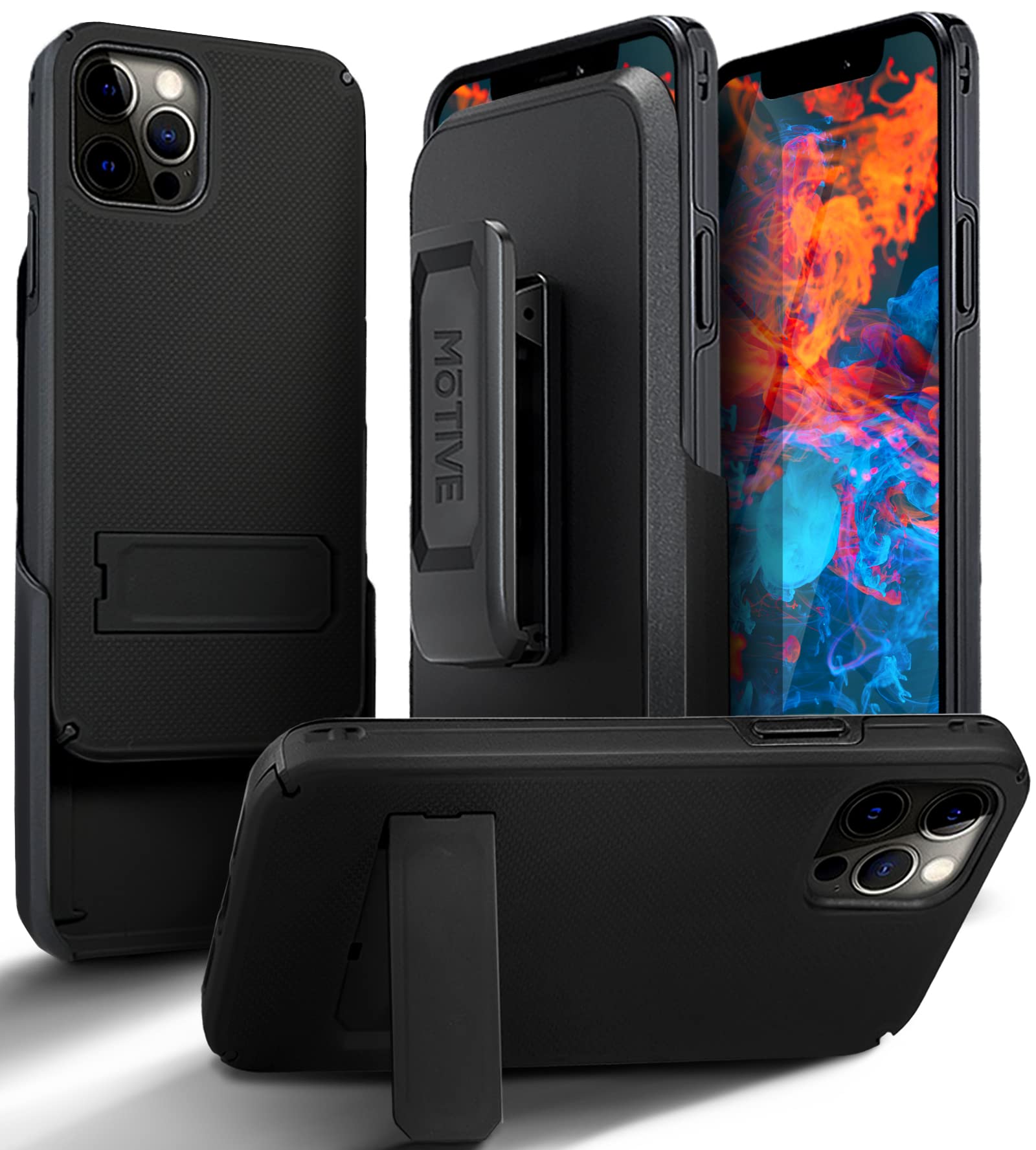 MOTIVE iPhone 13 Pro Case Holster Heavy Duty Rugged Drop Shockproof with Kickstand Belt Clip Black 6.1 inch