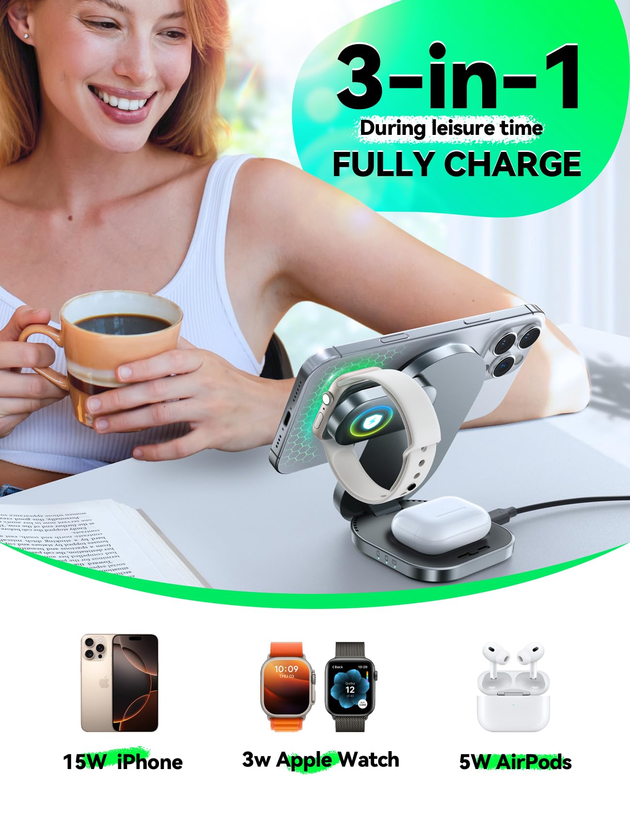 Qi2 3 In 1 Wireless Charging Station,Joyroom 15W Fast Wireless Charger Stand For Iphone 16/15/14/13, Apple Watch, Airpods, Magne