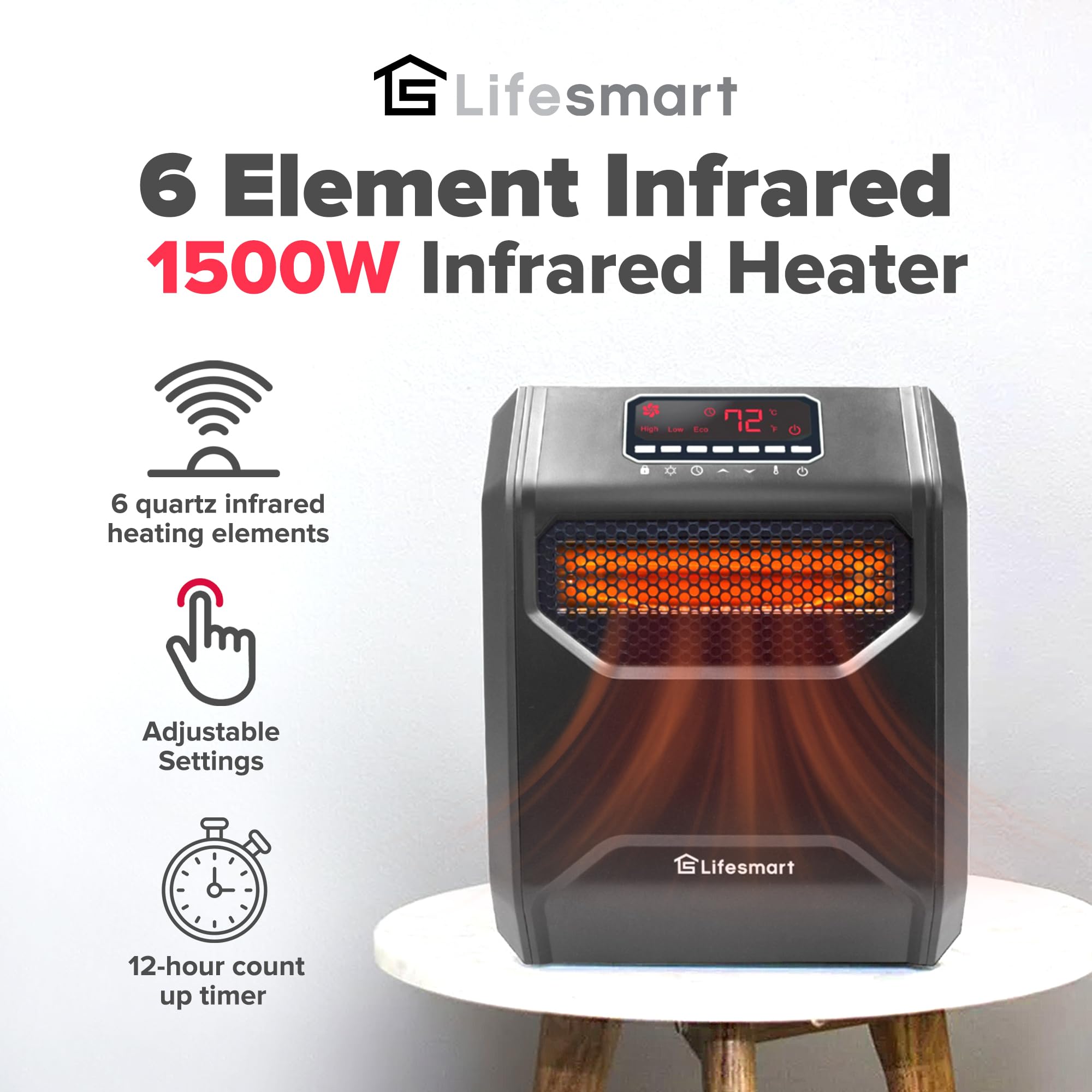 Lifesmart Infrared Space Heater, 1500 Watt W/ Remote And Digital Display, Black