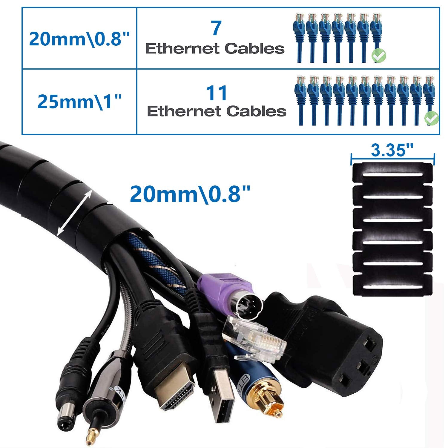 10Ft Cable Management Sleeve Cord Bundler 0.8'' Diameter W/Zip Clip Zipper Wire Wrap Cord Organizer Cable Tube Hider Flexible &