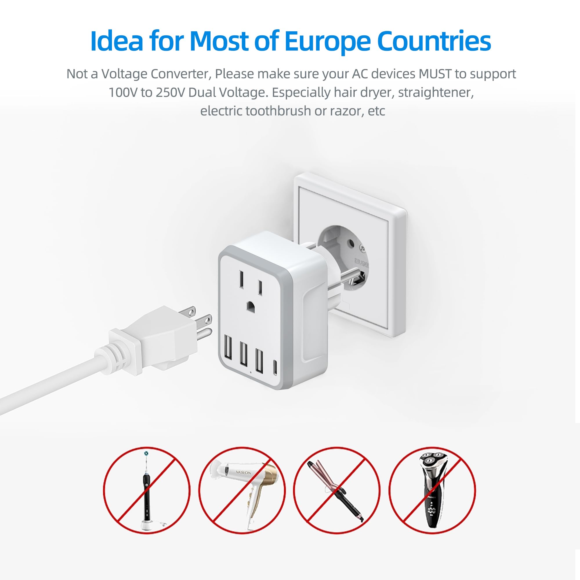 Yinleader Europe Germany France South Korea Type E/F Plug Adapter With 1 Usb C,3 Usb Ports And 1 Outlet   Us To Eu Travel Conver