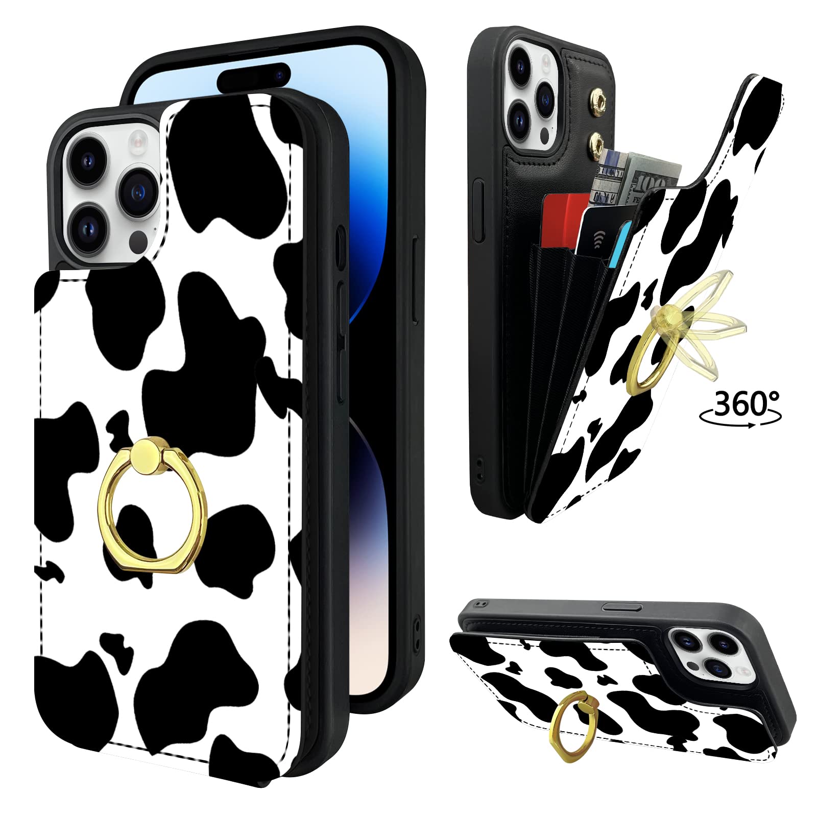 Topperfekt Compatible With Iphone 14 Pro Max Wallet Case With Card Holder, 360Rotation Finger Ring Holder Kickstand Protective R