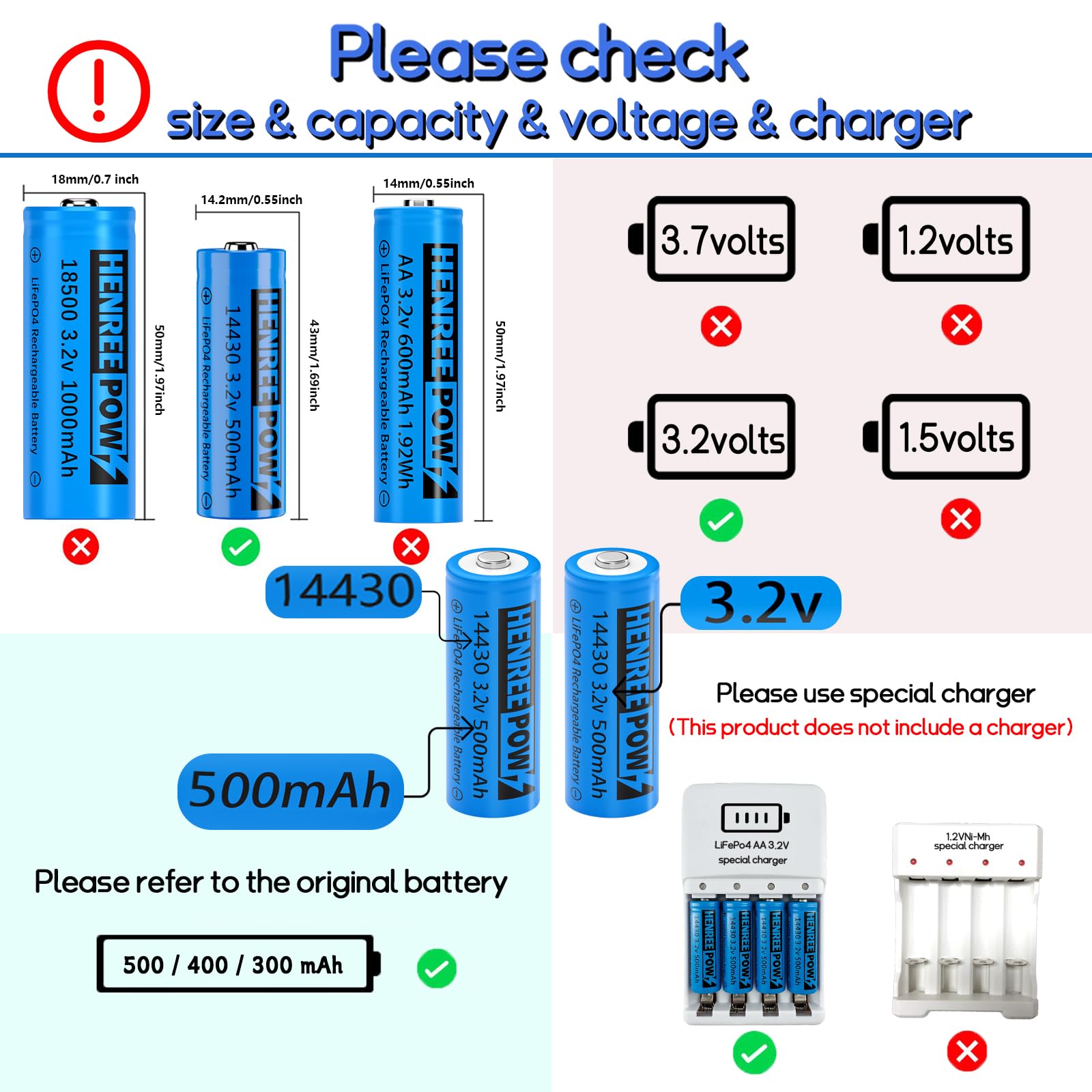 Henreepow 14430 Lifepo4 3.2V Rechargeable Solar Batteries, 500Mah Lifepo4 Battery For Outdoor Solar Garden Lights, Shaver, Flash