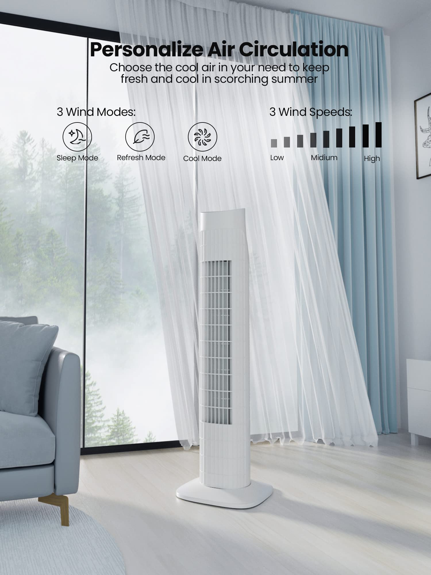 Uthfy 31'' Electric Tower Fan That Blow Cold Air, Quiet Cooling Fan With Oscillation 7.5H Timer,Portable Floor Bladeless Standin