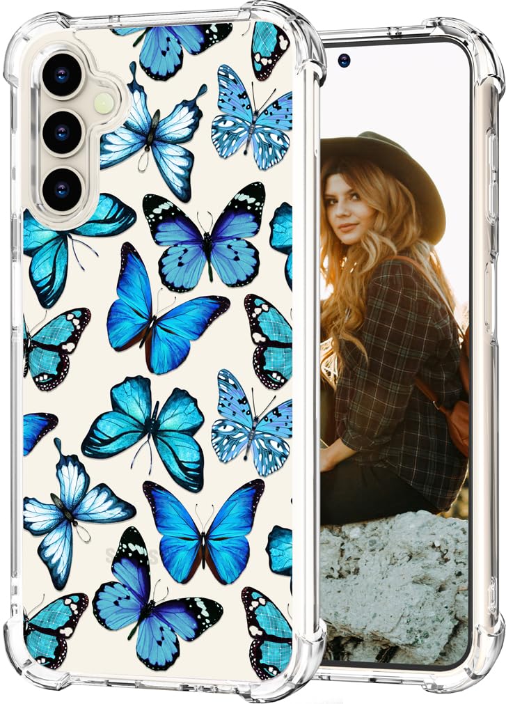 Hungo Compatible With Samsung Galaxy S23 Case Butterfly Cute Design Blue,Aesthetic Girly Designer For Women Girls Butterfly Butt