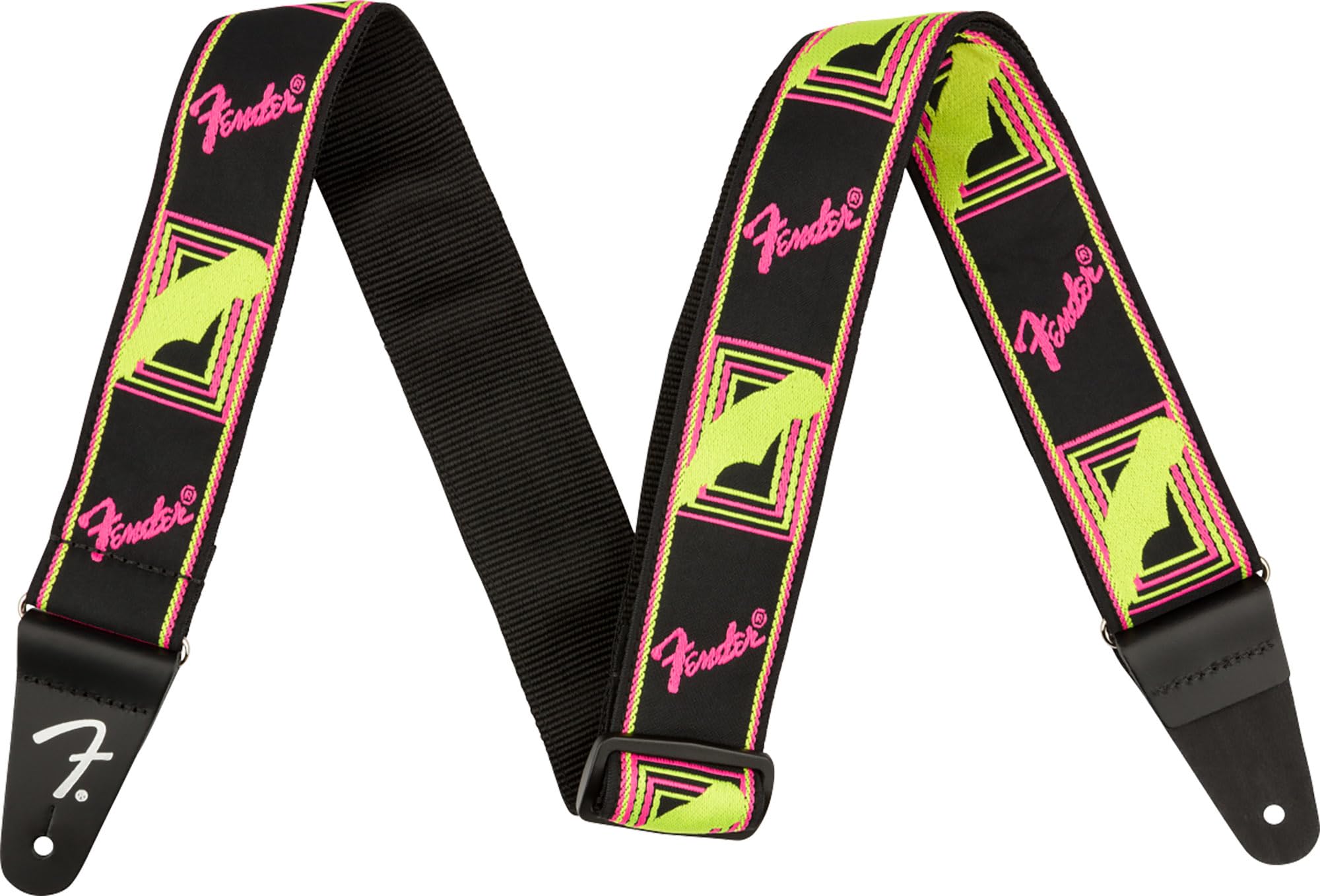 Fender Neon Monogrammed 2-Inch Guitar Strap - Pink And Yellow Bundle With Strap Blocks And Picks