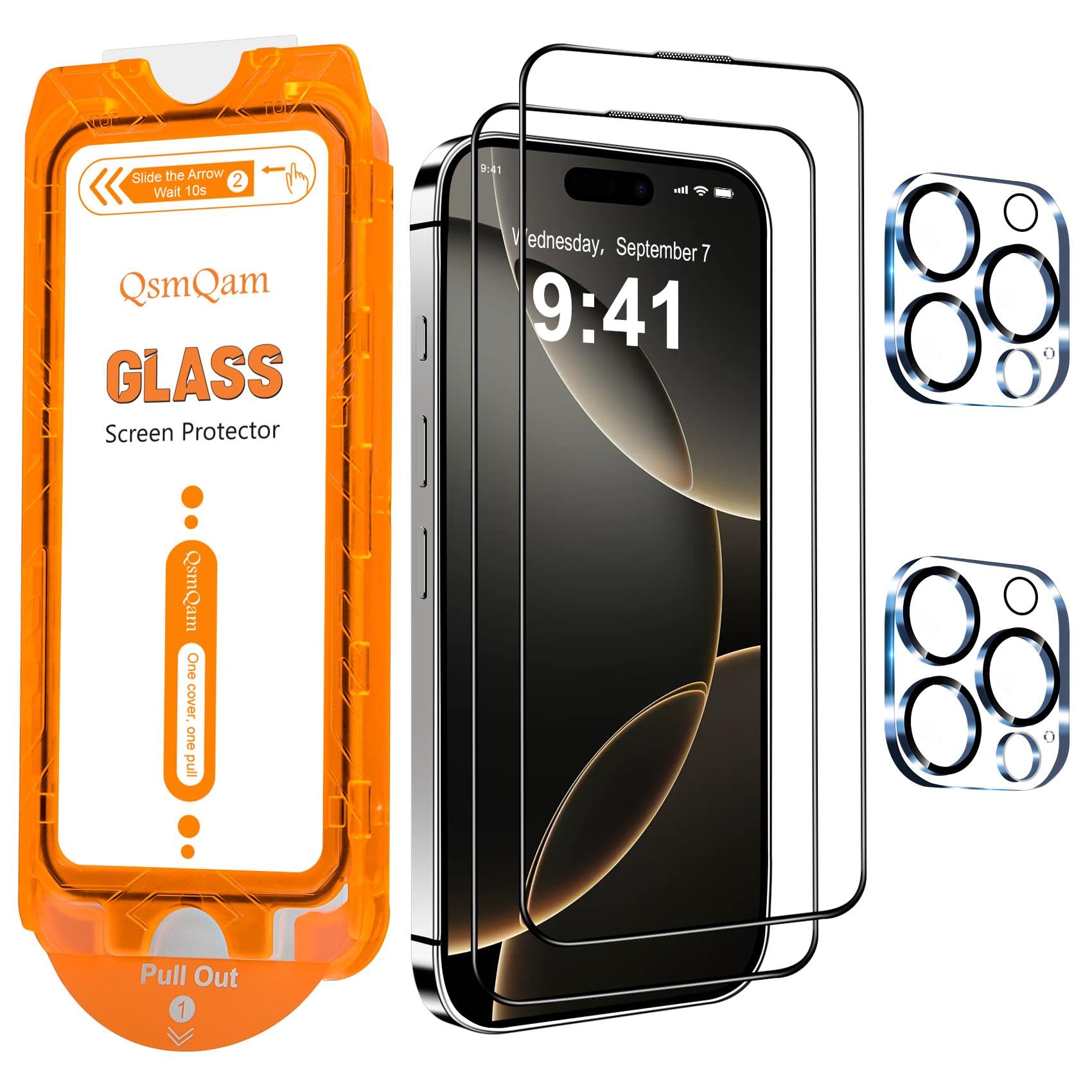 Qsmqam For Iphone 16 Pro Max Screen Protector + Camera Lens Protector, [Military Grade Shatterproof], Ultra Top 9H+ Tempered Gla