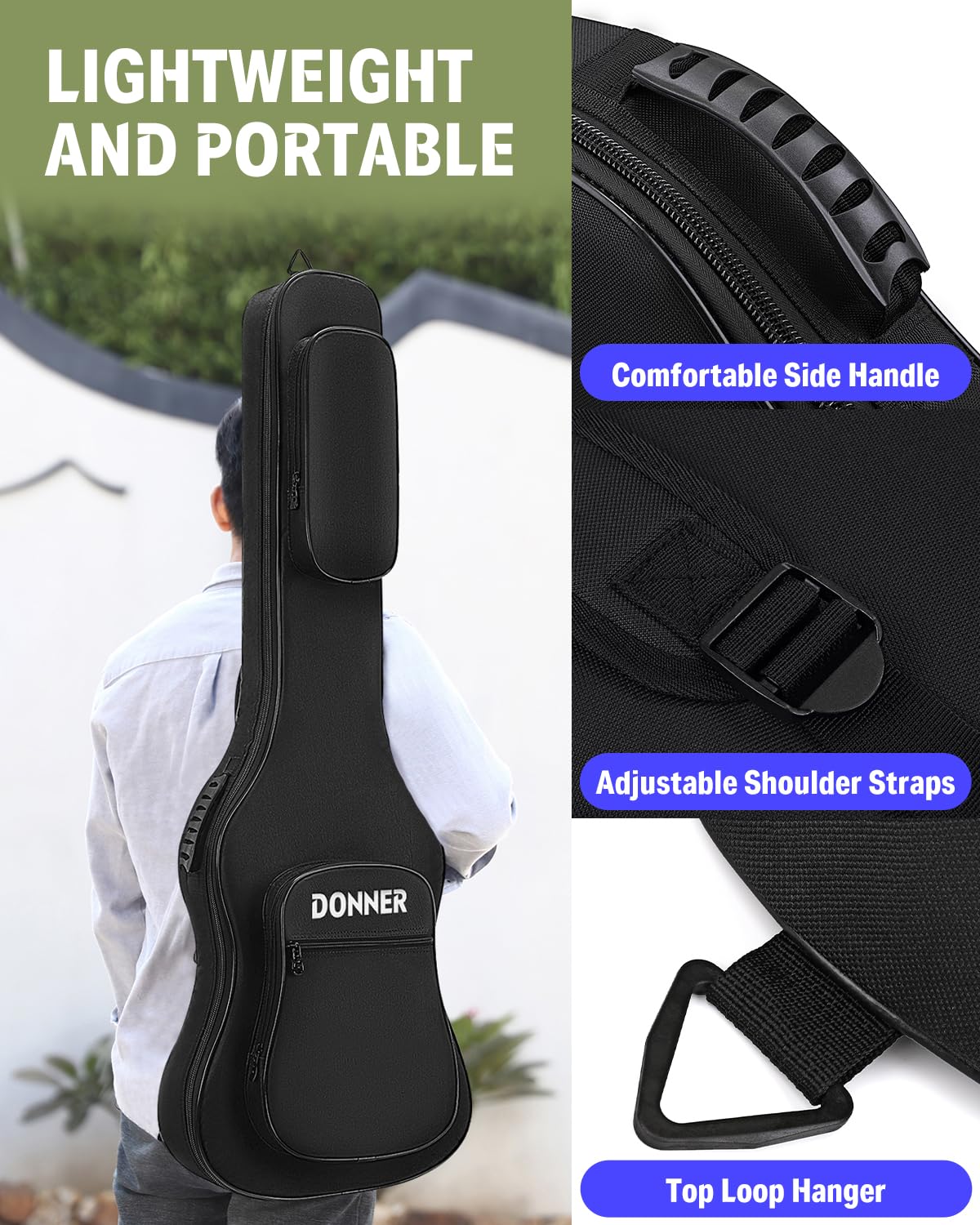 Donner 47 Inch Bass Guitar Case, 0.4 Inch Thick Padding Sponge 600D Ripstop Waterproof Nylon Soft Electric Bass Guitar Gig Bag W