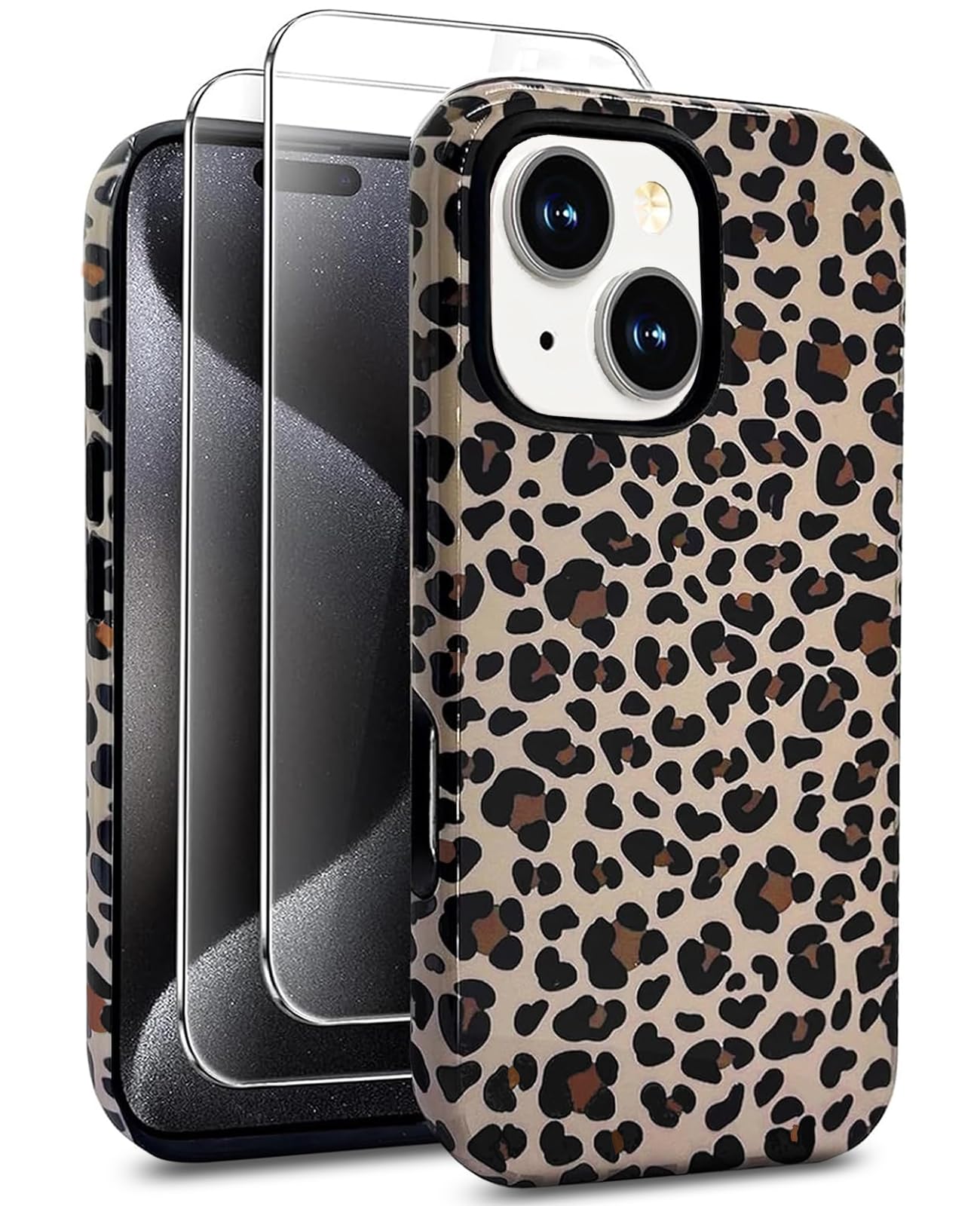 J.west Compatible with iPhone 15 Case 6.1 inch with 2 Pack Tempered Glass Screen Protectors Cute Animal Leopard Hybrid Cover for